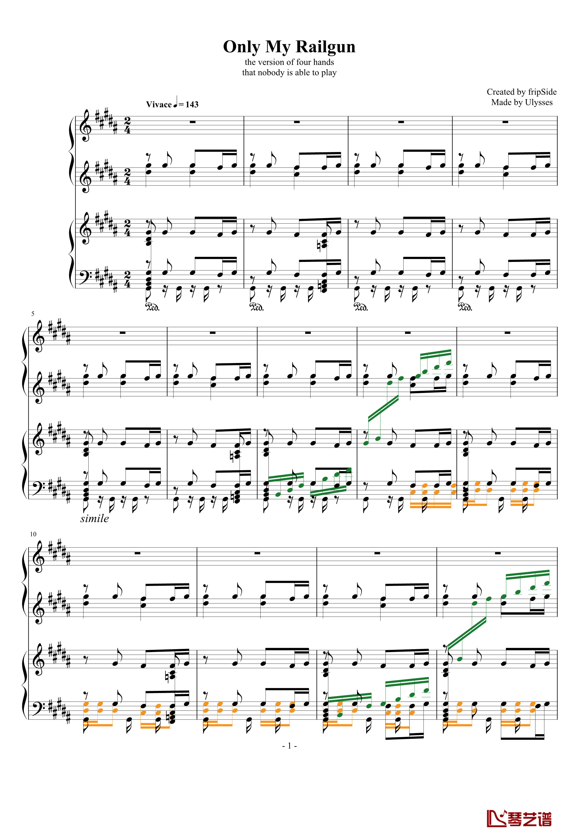 Only my railgun钢琴谱 四手联弹-fripSide1