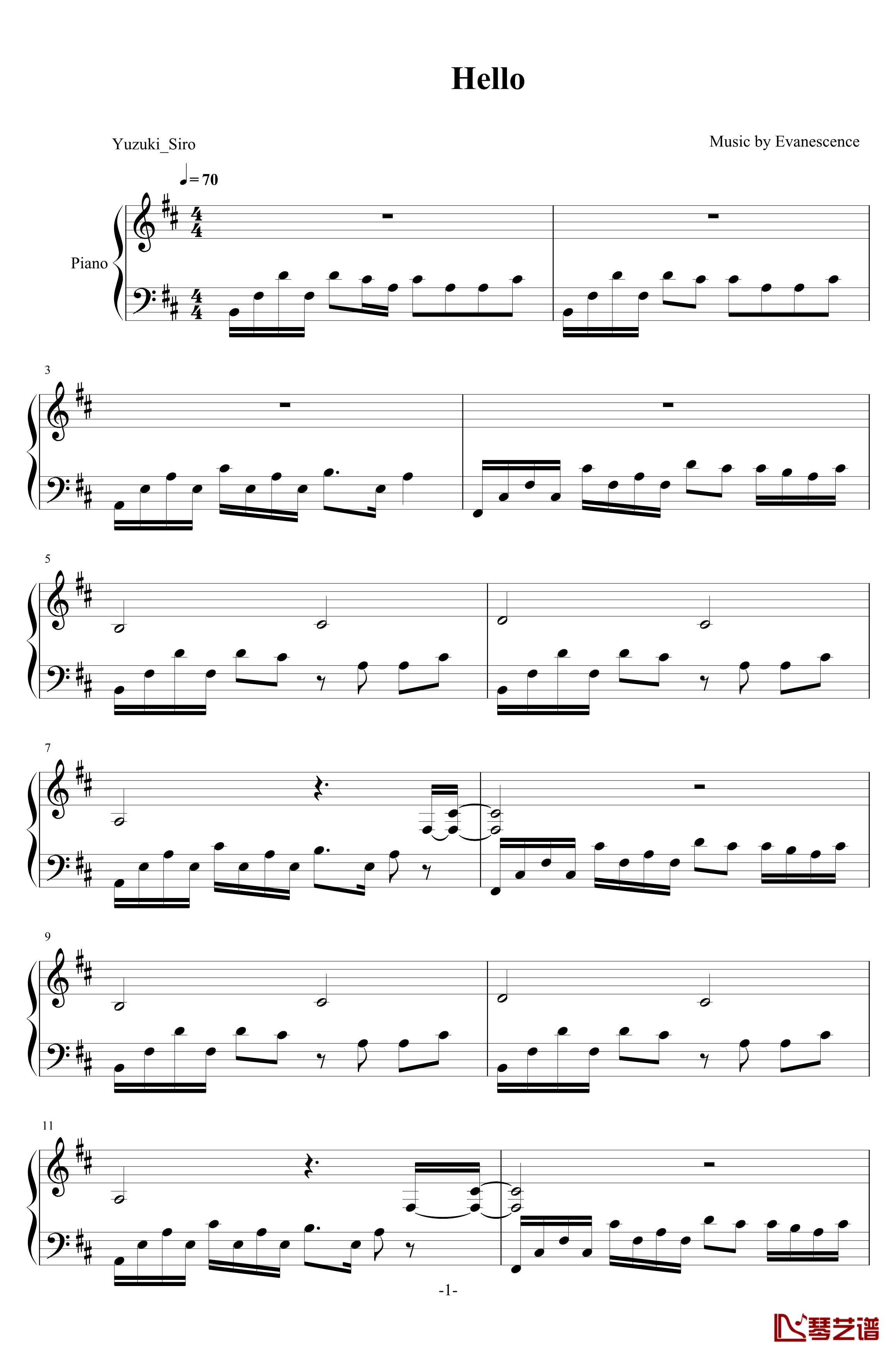Hello钢琴谱-Evanescence1