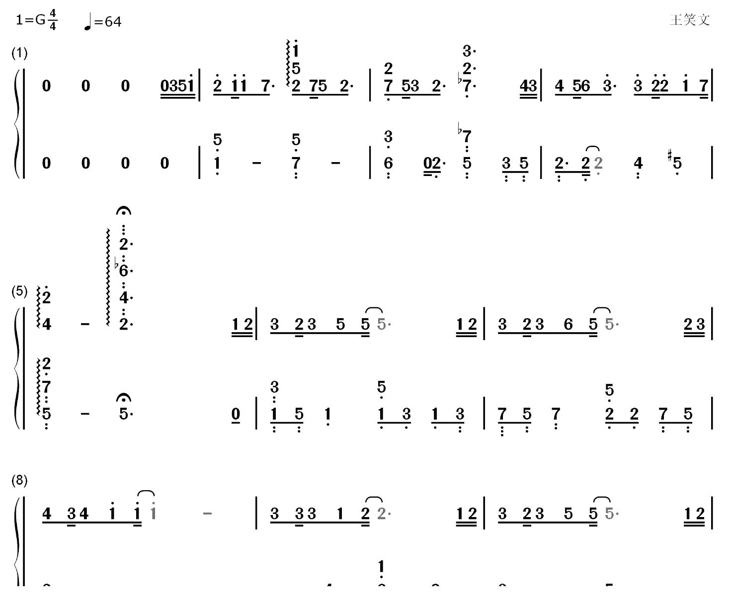 耿耿于怀钢琴简谱-数字双手-王笑文