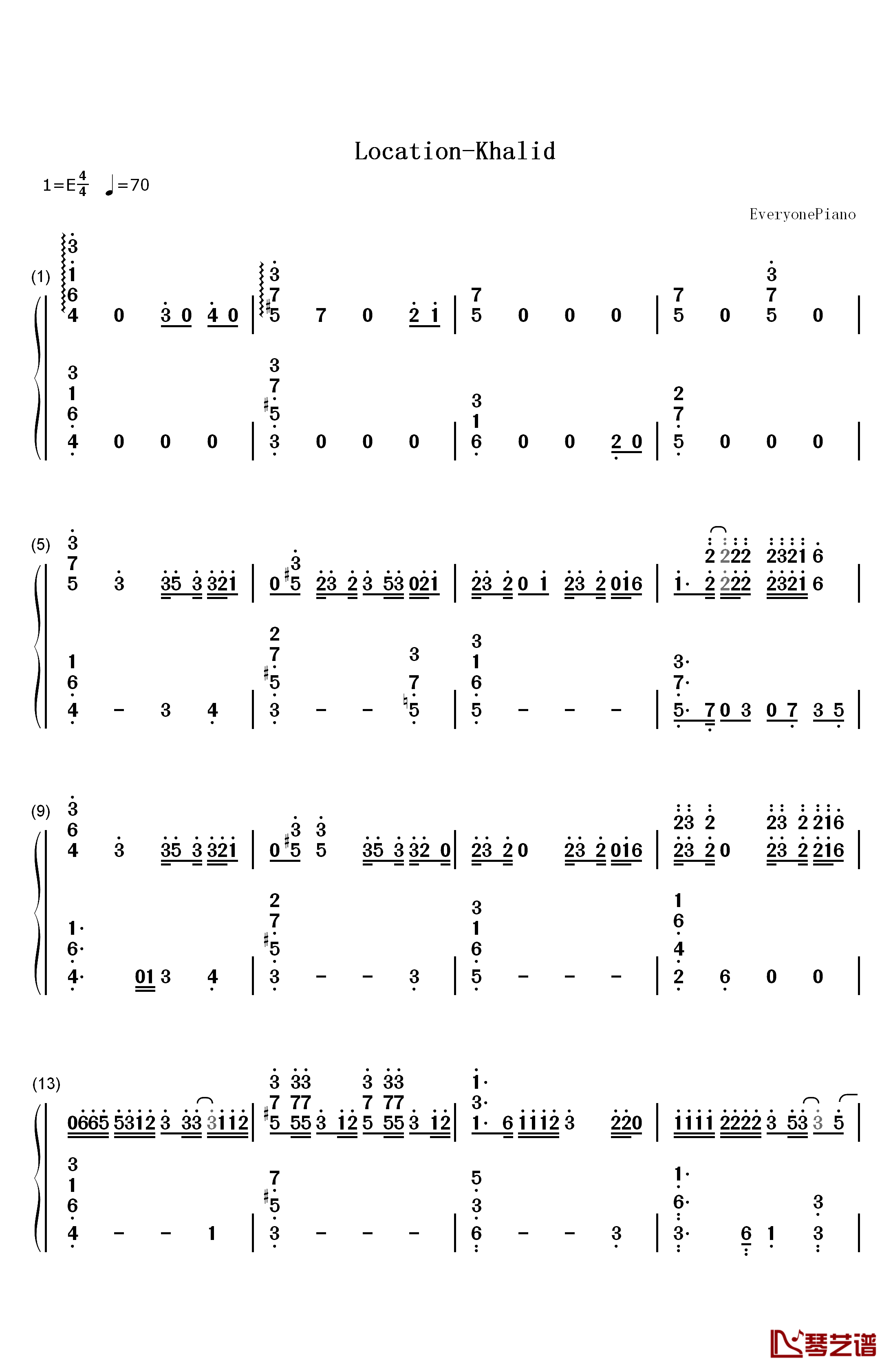 Location钢琴简谱-数字双手-Khalid1