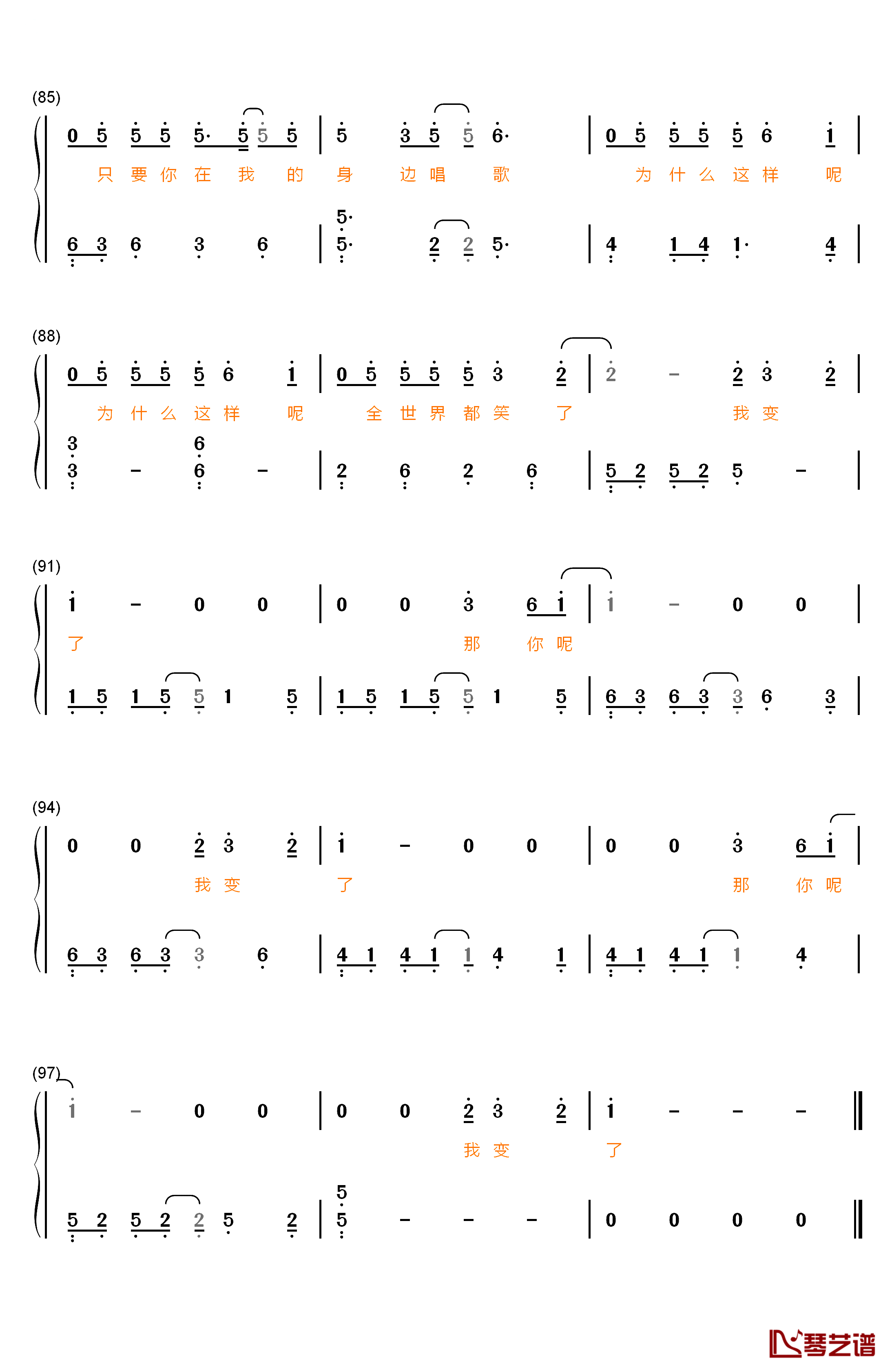 我变了钢琴简谱-数字双手-李宇春6