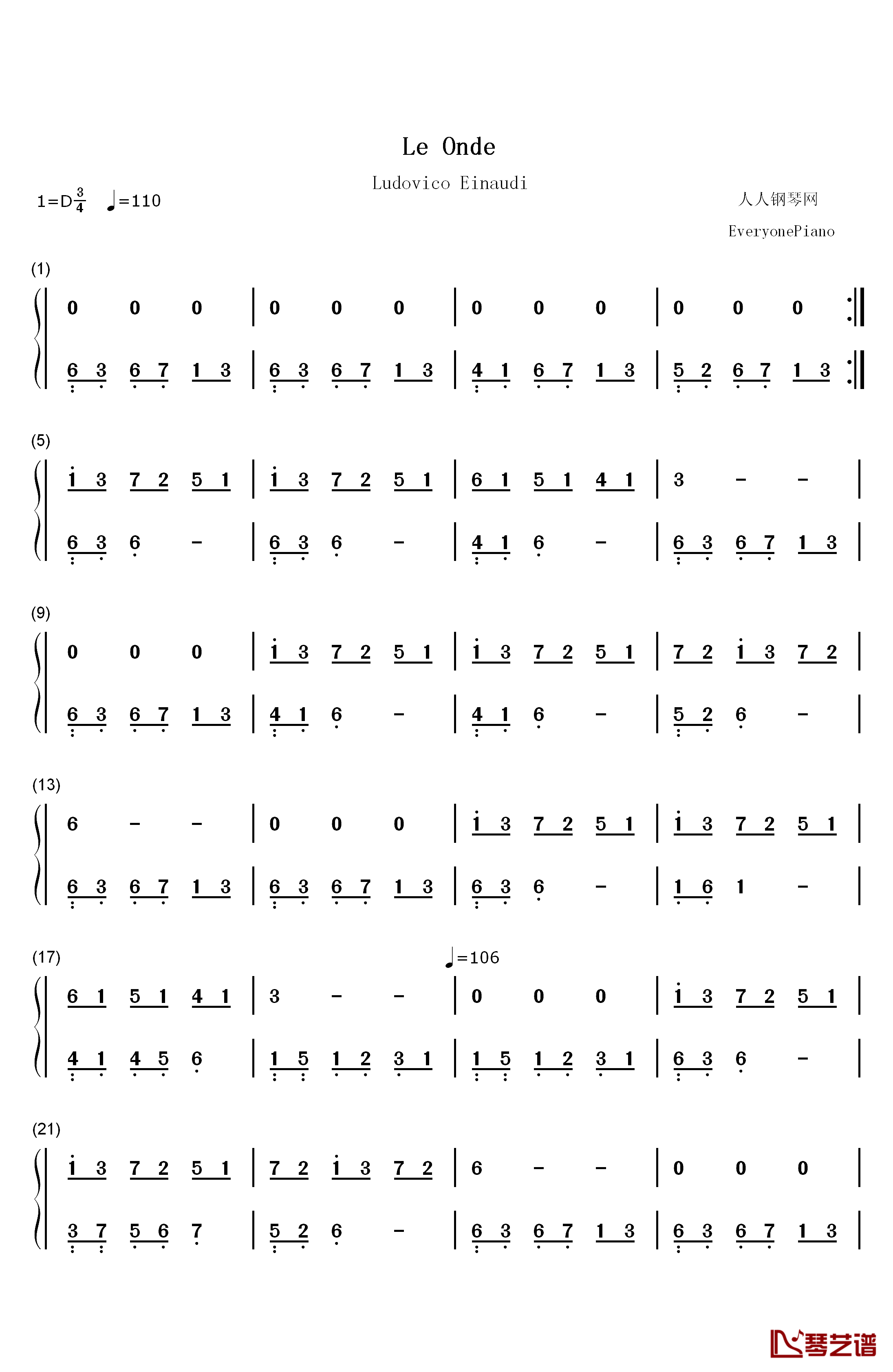 Le Onde钢琴简谱-数字双手-Ludovico Einaudi1