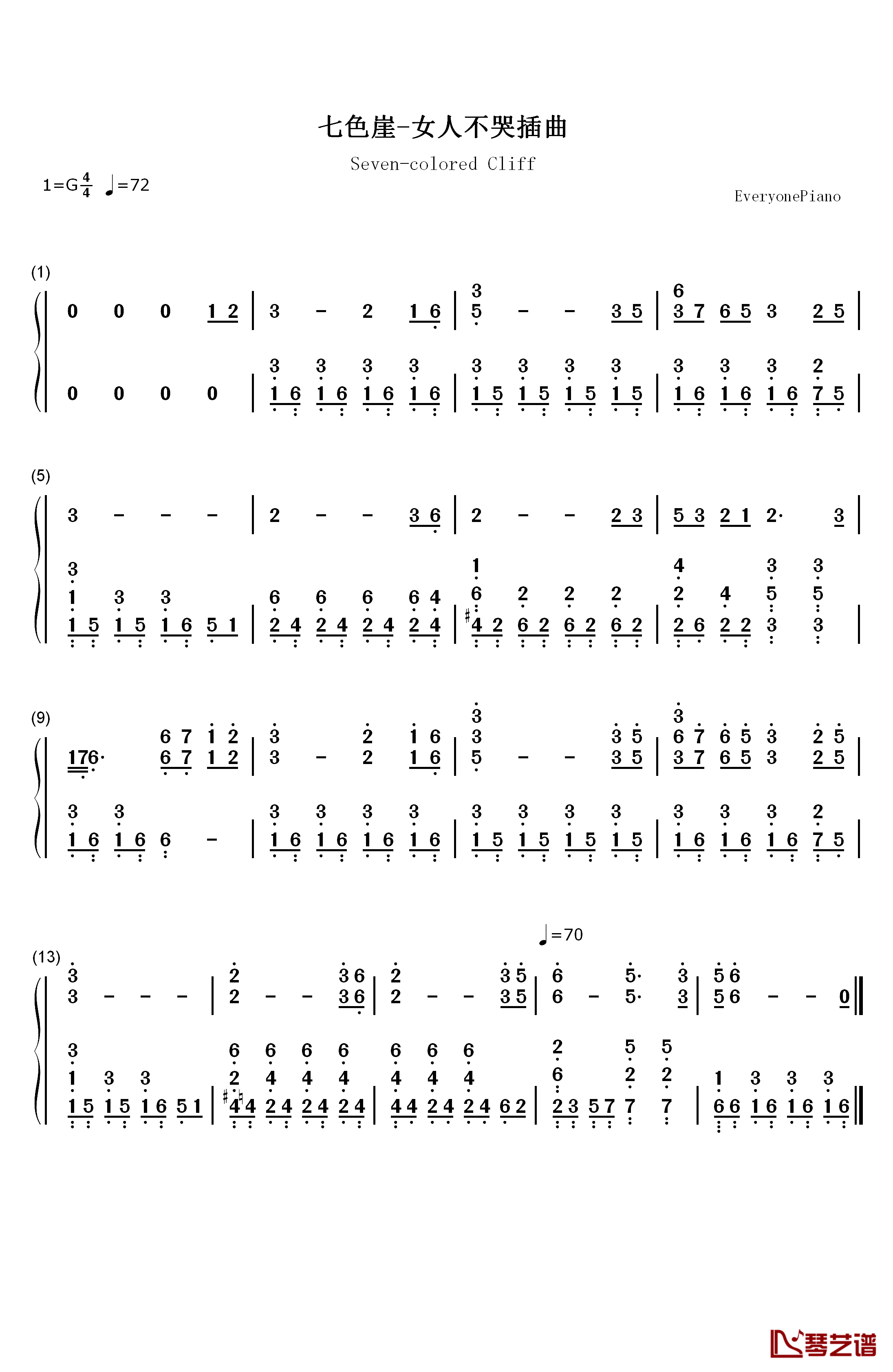 七色崖钢琴简谱-数字双手-女人不哭1