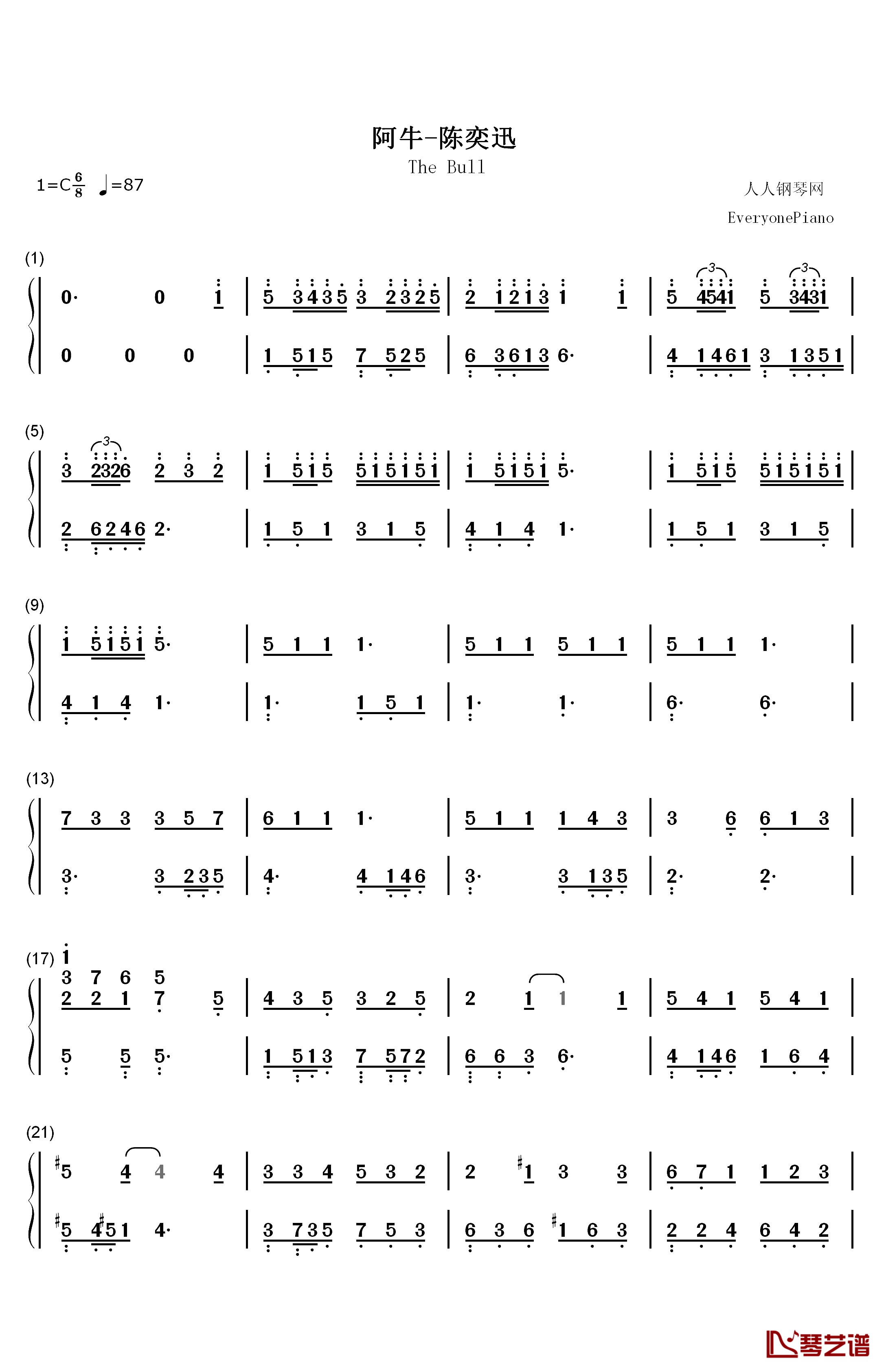 阿牛钢琴简谱-数字双手-陈奕迅1