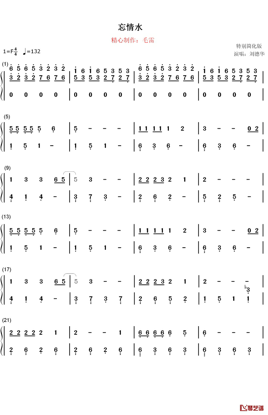 忘情水钢琴简谱-数字双手-刘德华1