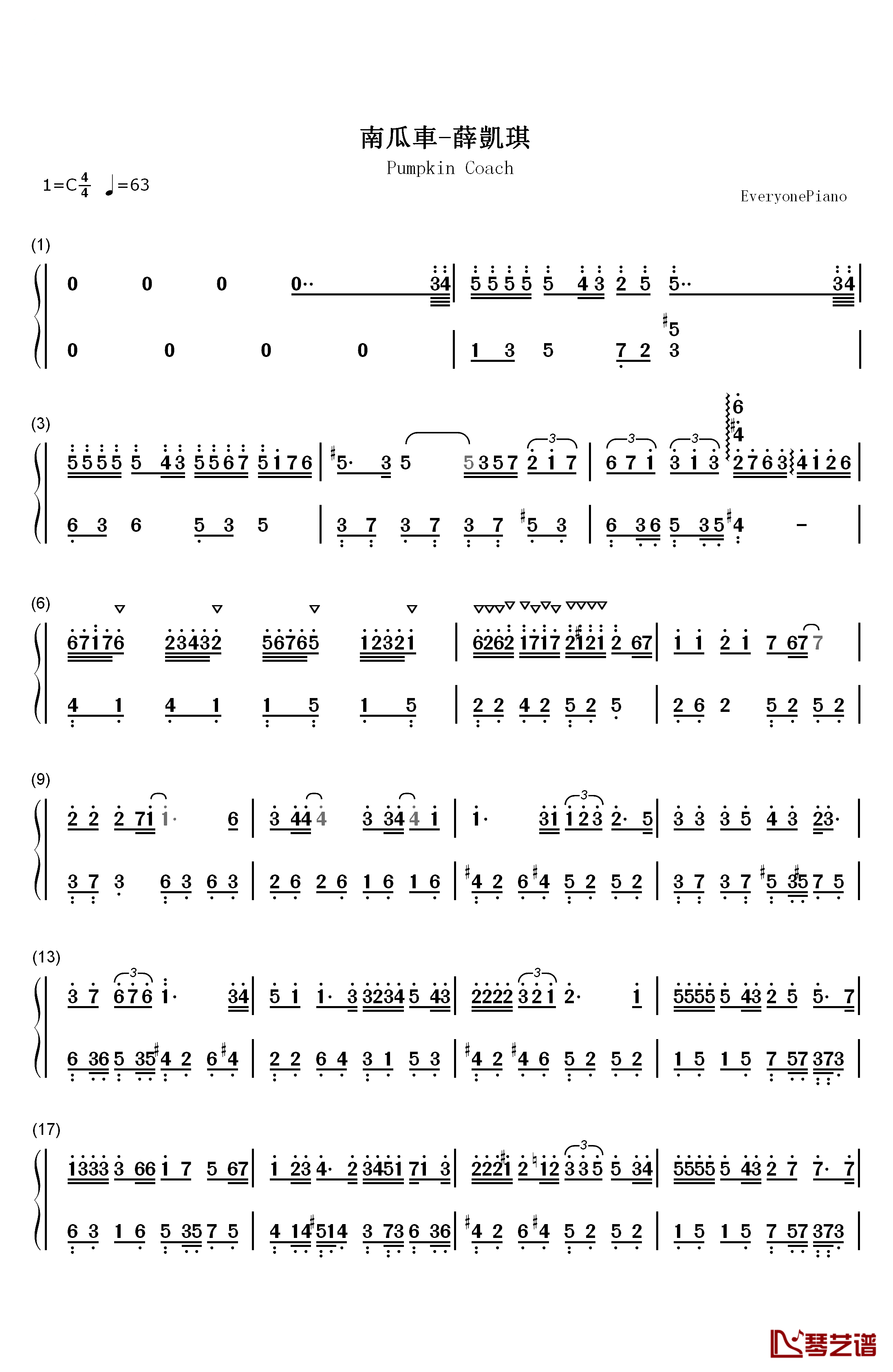 南瓜车钢琴简谱-数字双手-薛凯琪1