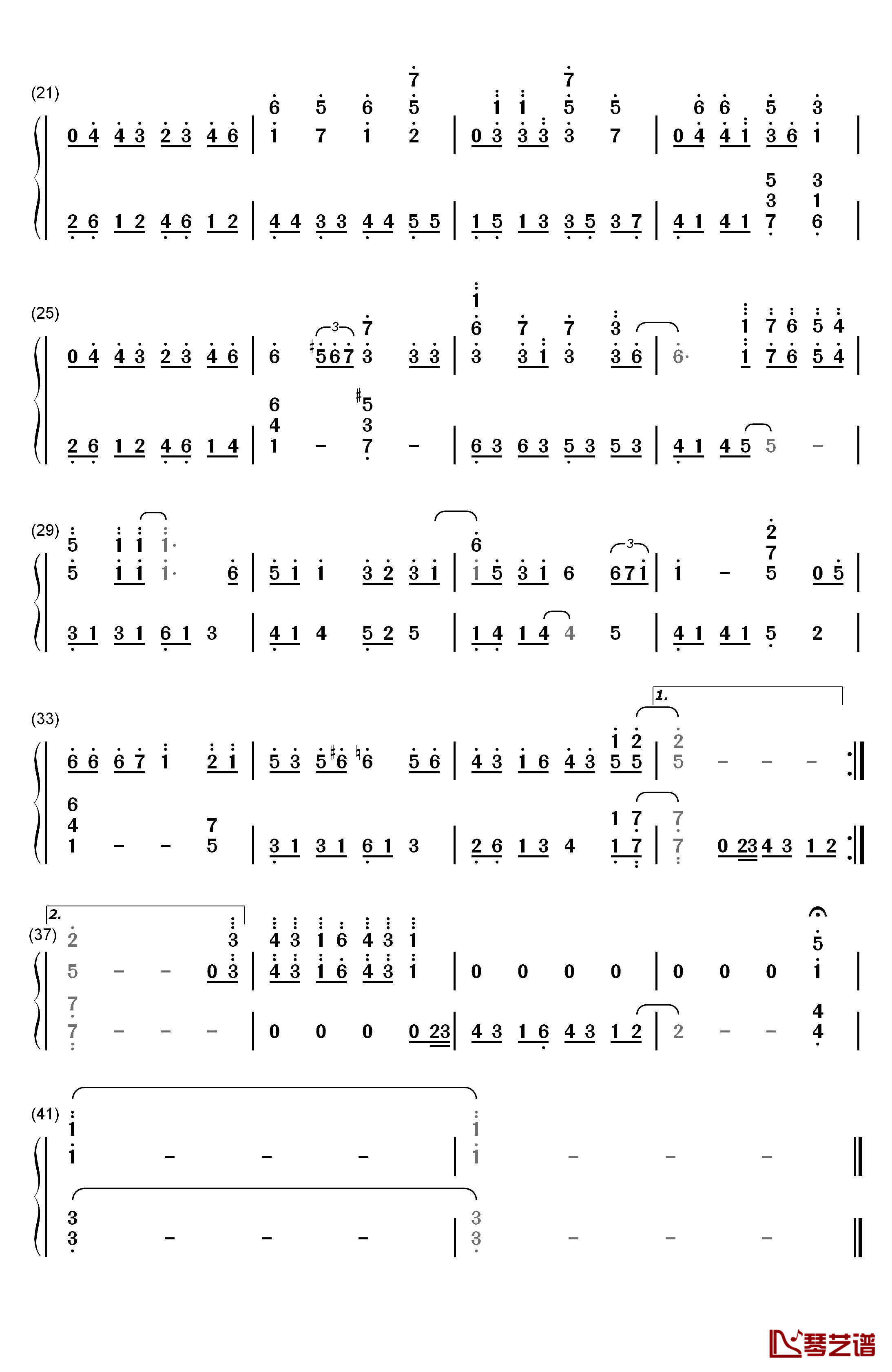 眼红红钢琴简谱-数字双手-Twins2