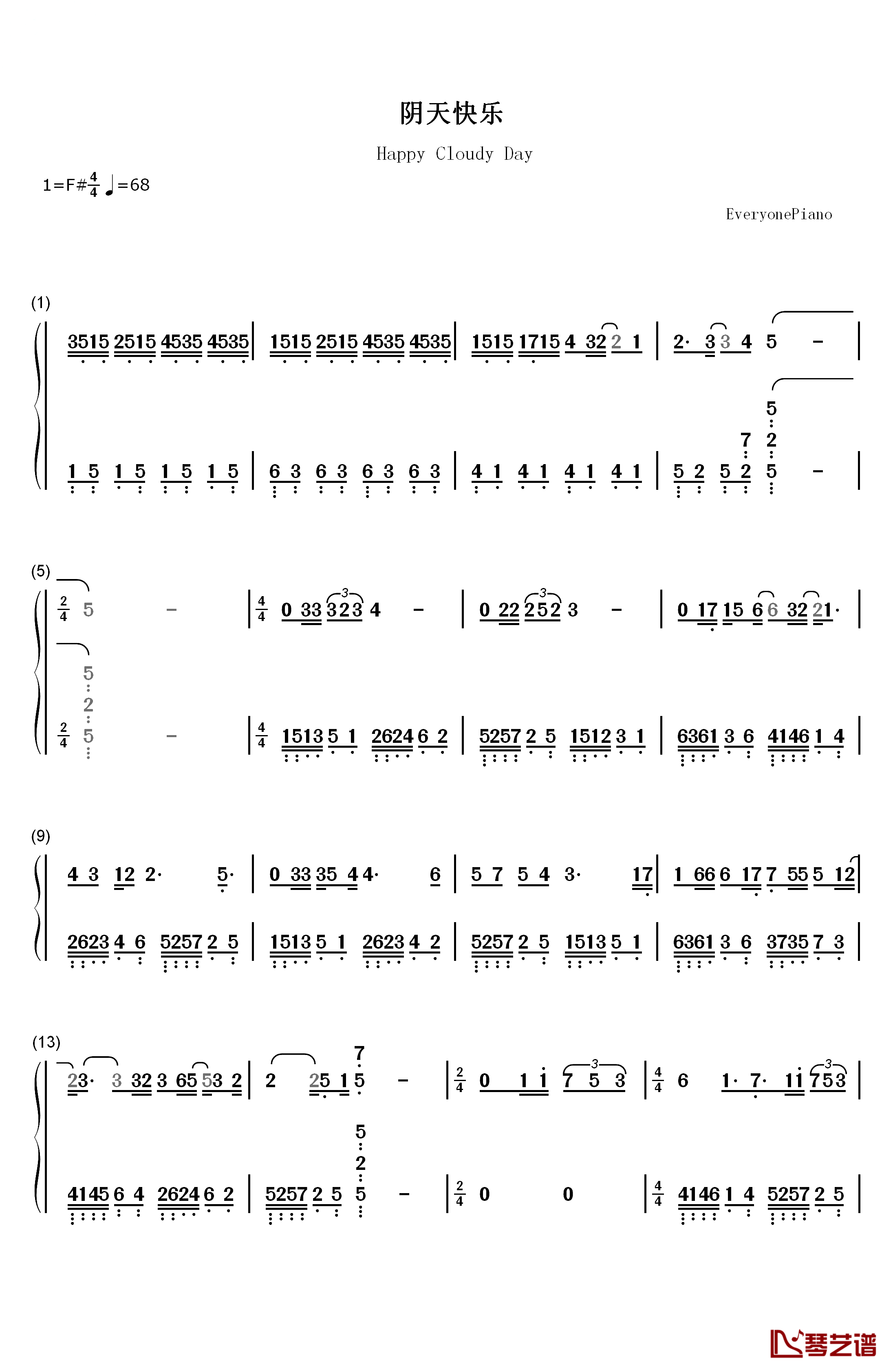 阴天快乐钢琴简谱-数字双手-陈奕迅1