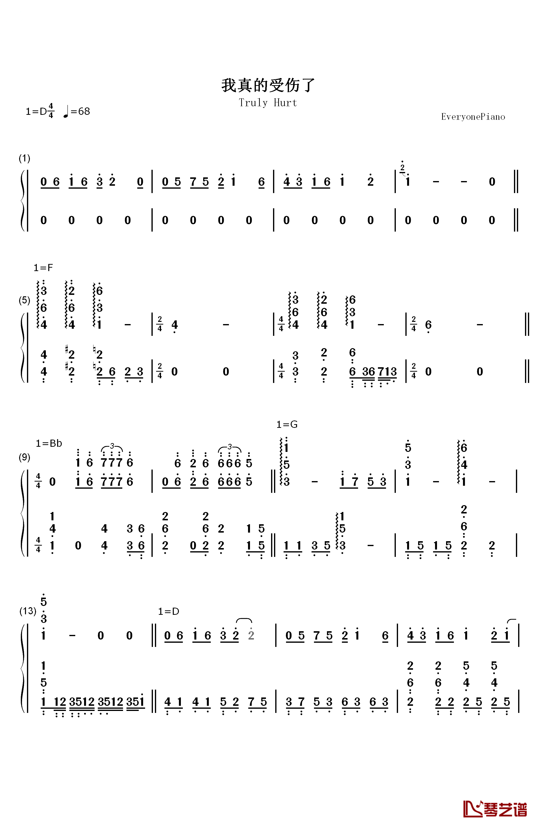 我真的受伤了钢琴简谱-数字双手-张学友1