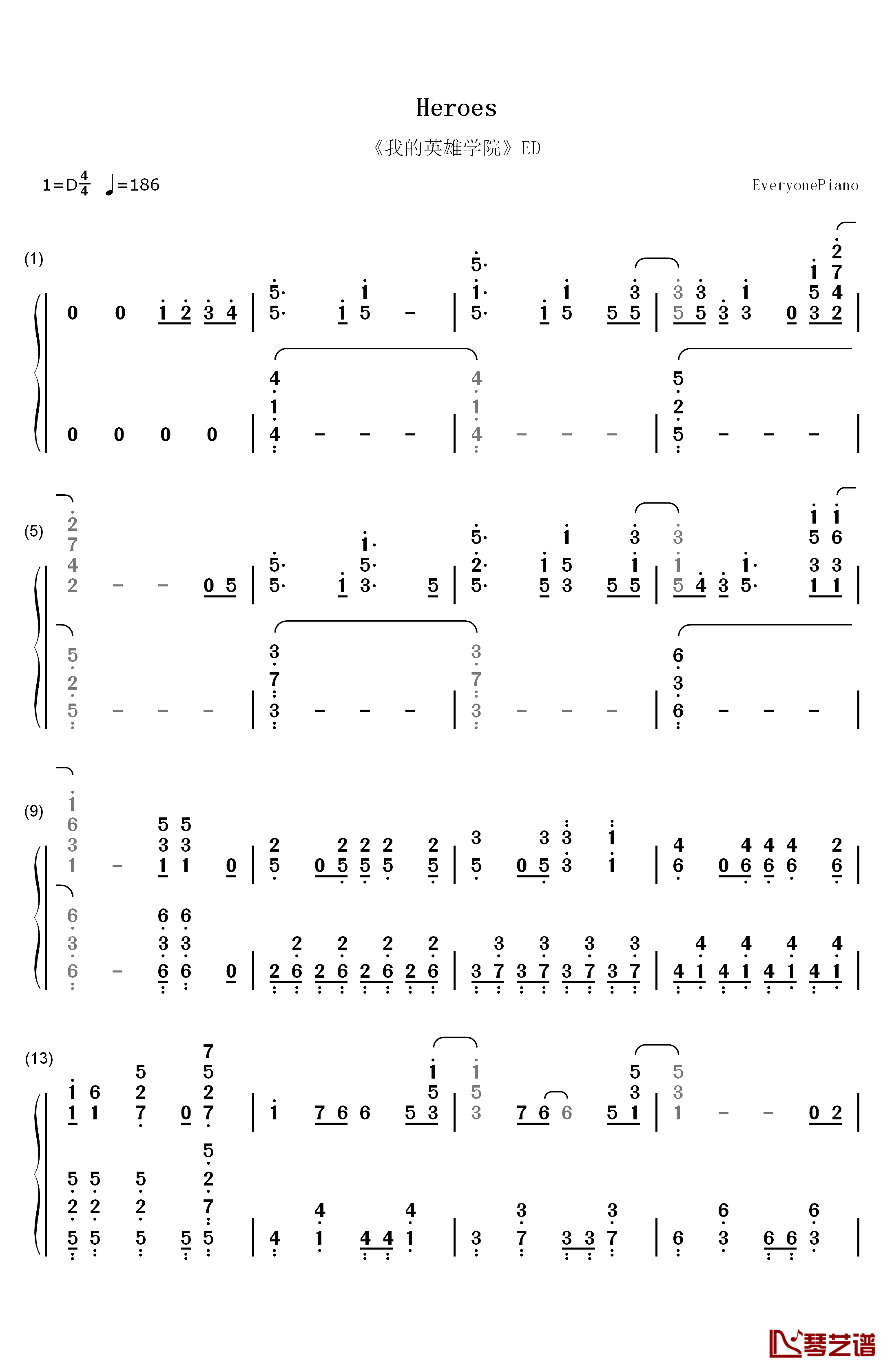 Heroes钢琴简谱-数字双手-Brian the Sun1