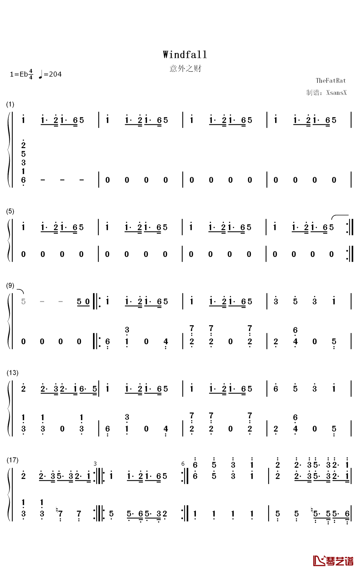 Windfall钢琴简谱-数字双手-TheFatRat1