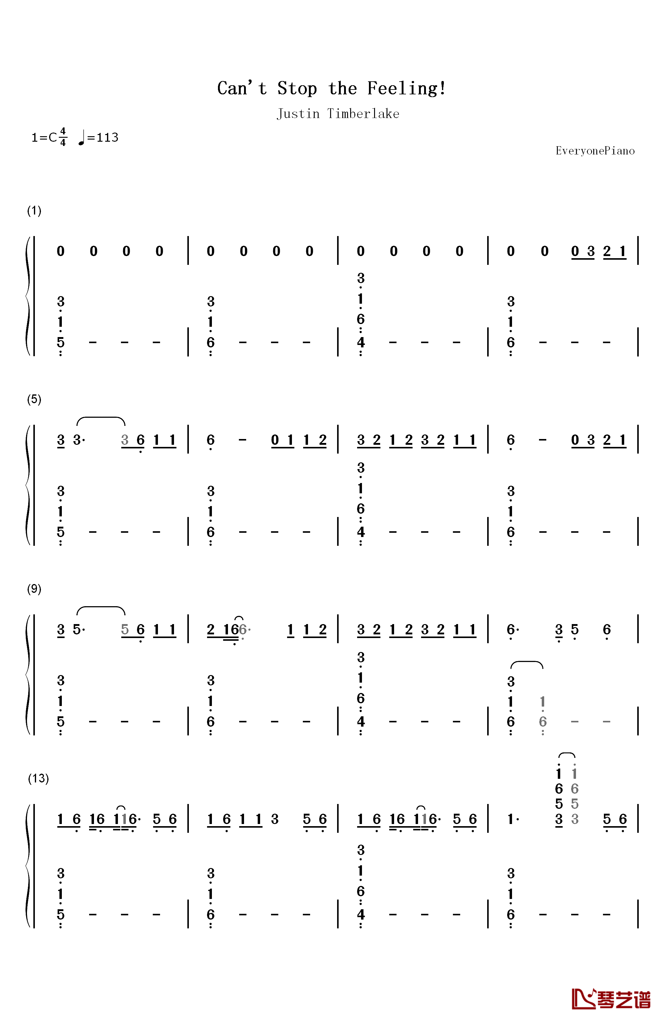 Can't Stop the Feeling钢琴简谱-数字双手-Justin Timberlake1