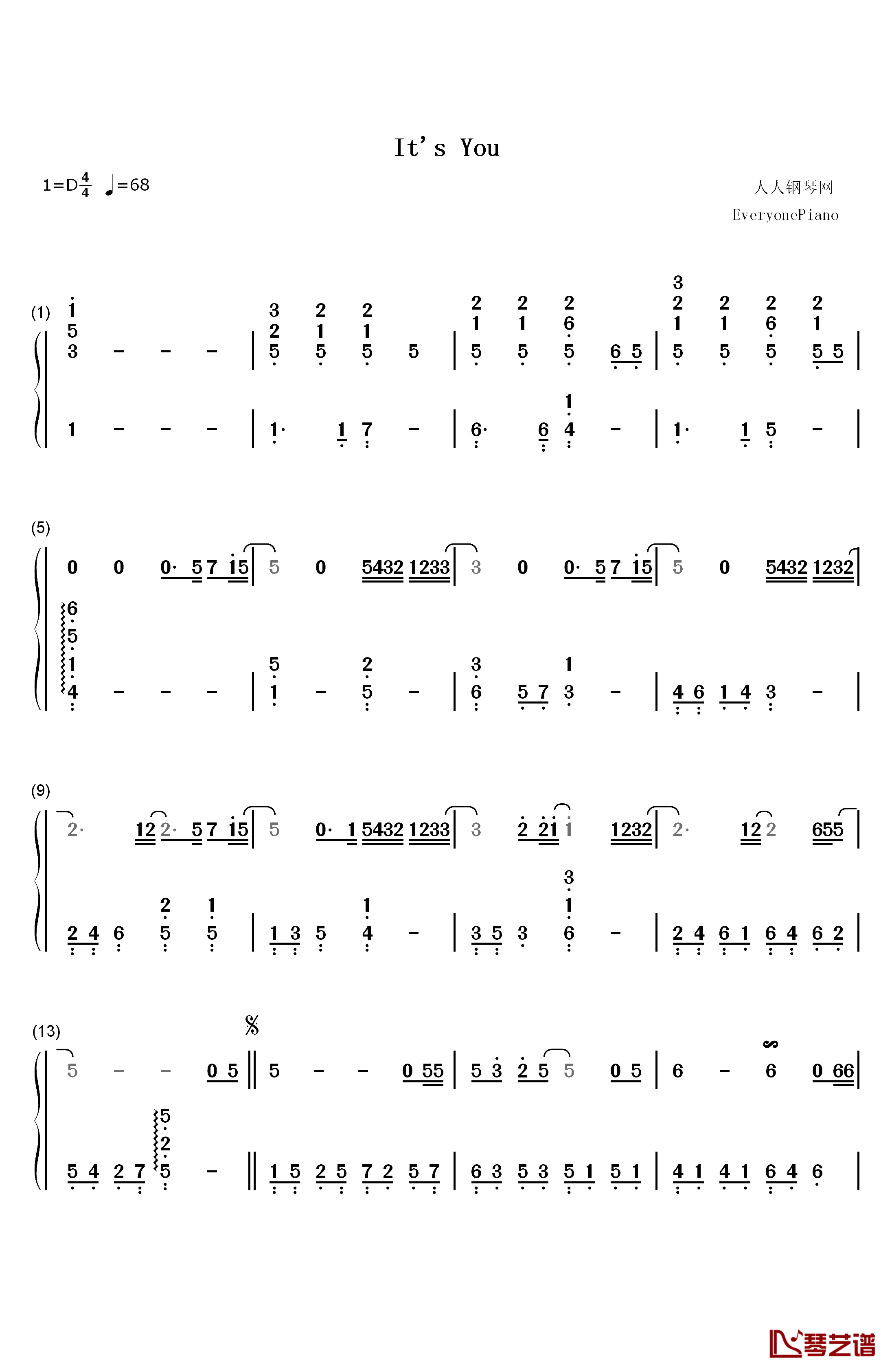 It's You钢琴简谱-数字双手-郑世云1