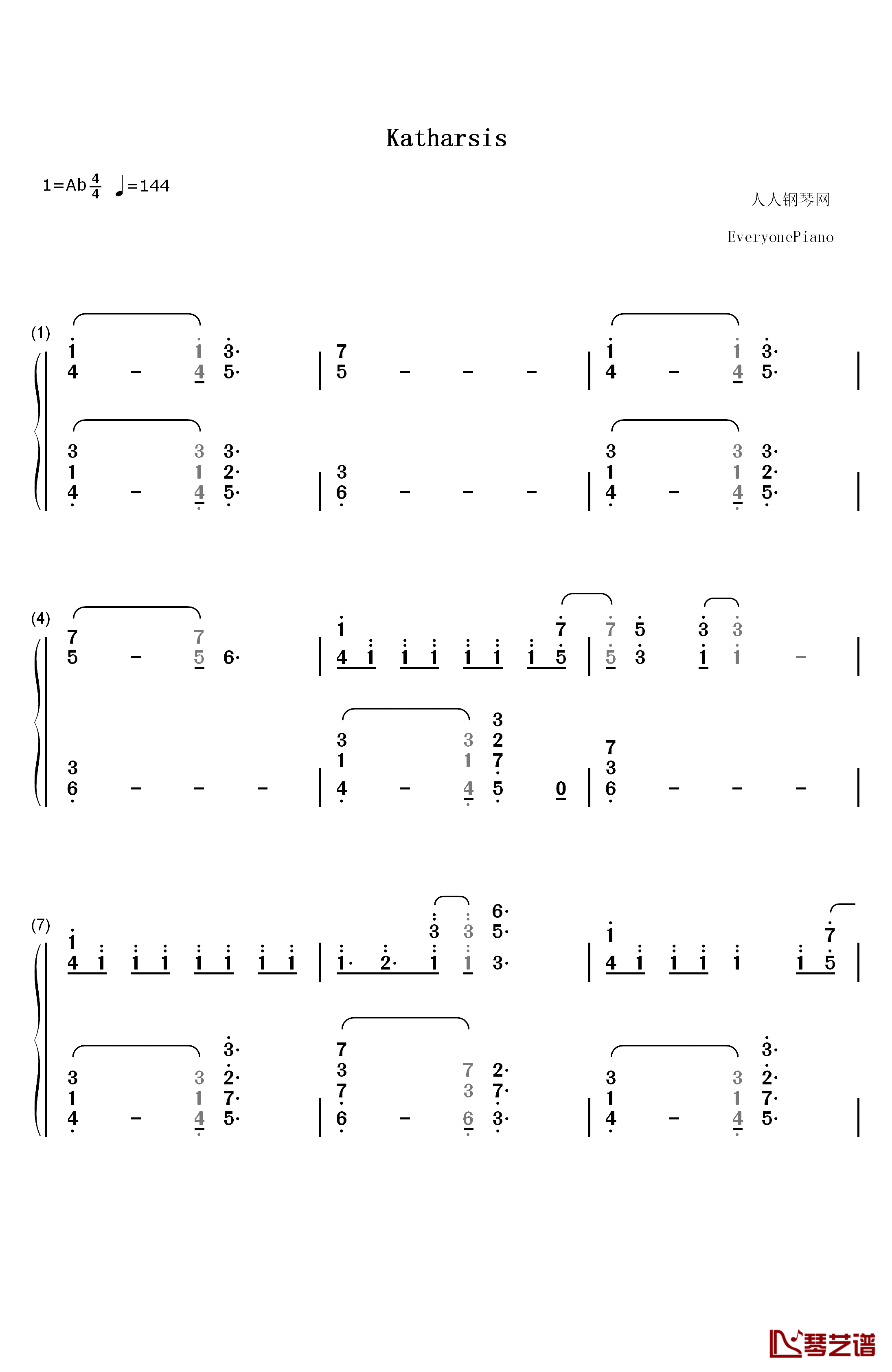 Katharsis钢琴简谱-数字双手-TK from 凛冽时雨1