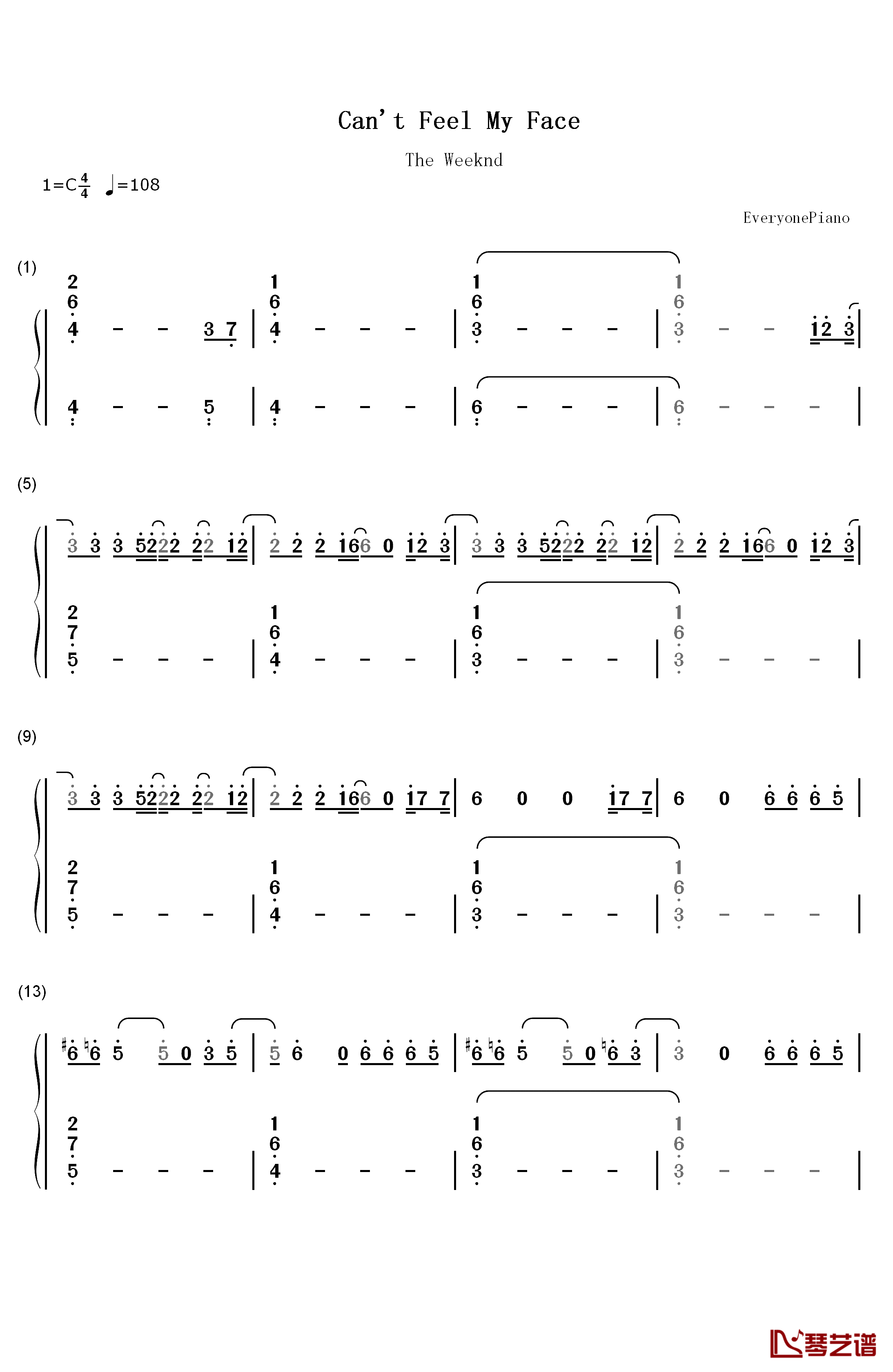 Can't Feel My Face钢琴简谱-数字双手-The Weeknd1