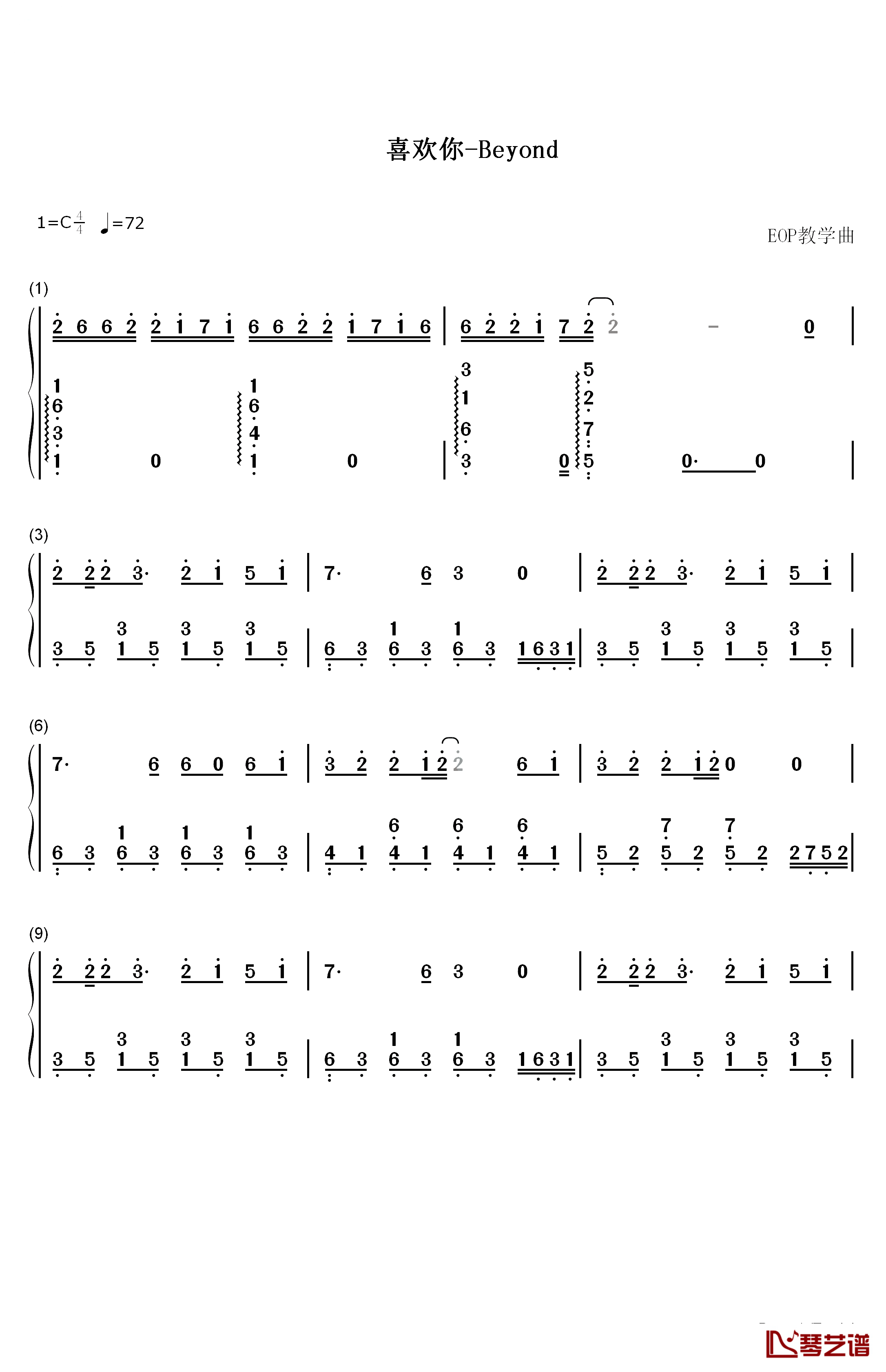 喜欢你钢琴简谱-数字双手-Beyond1