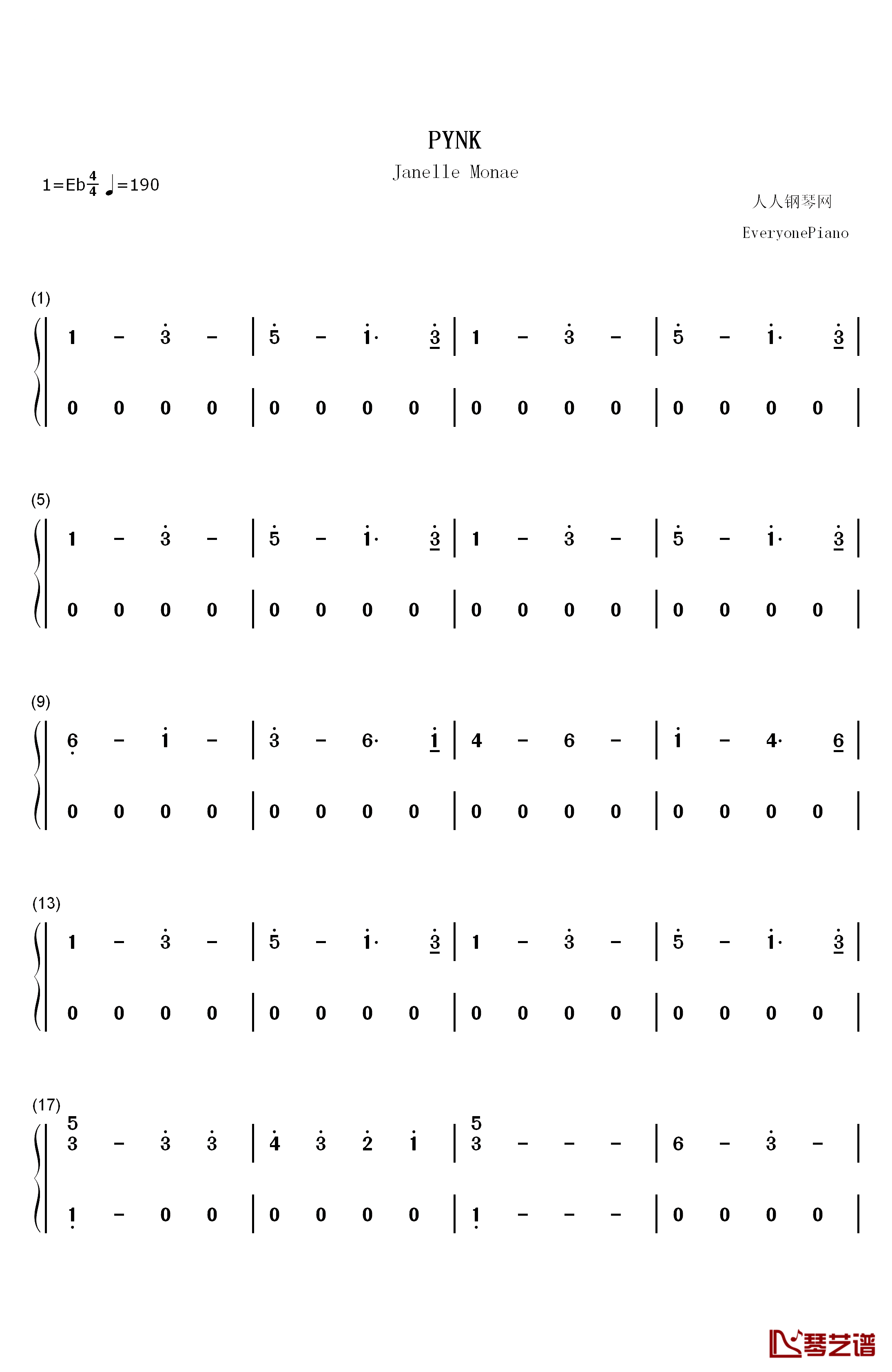 PYNK钢琴简谱-数字双手-Janelle Monae1