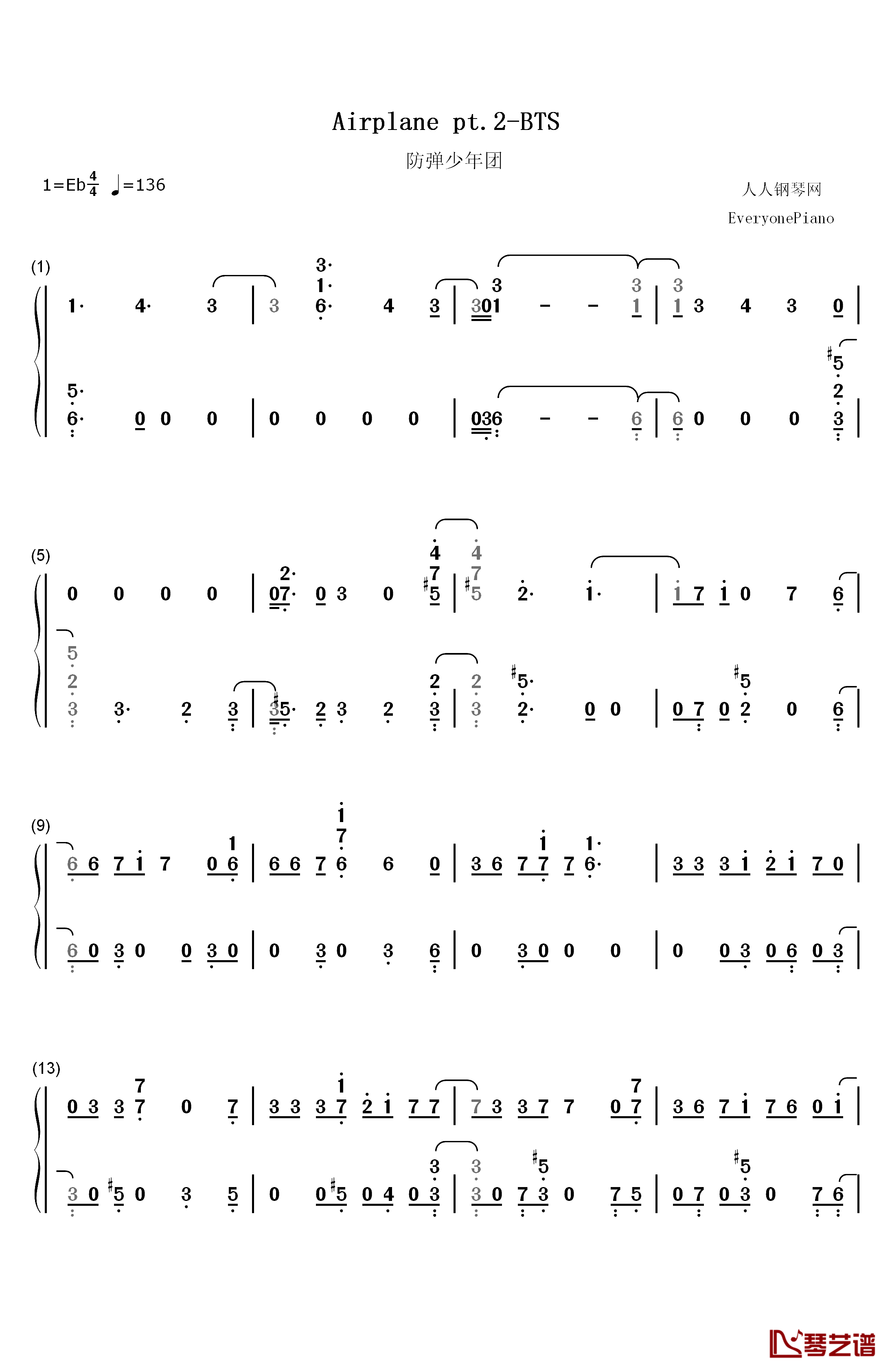Airplane pt. 2钢琴简谱-数字双手-防弹少年团1