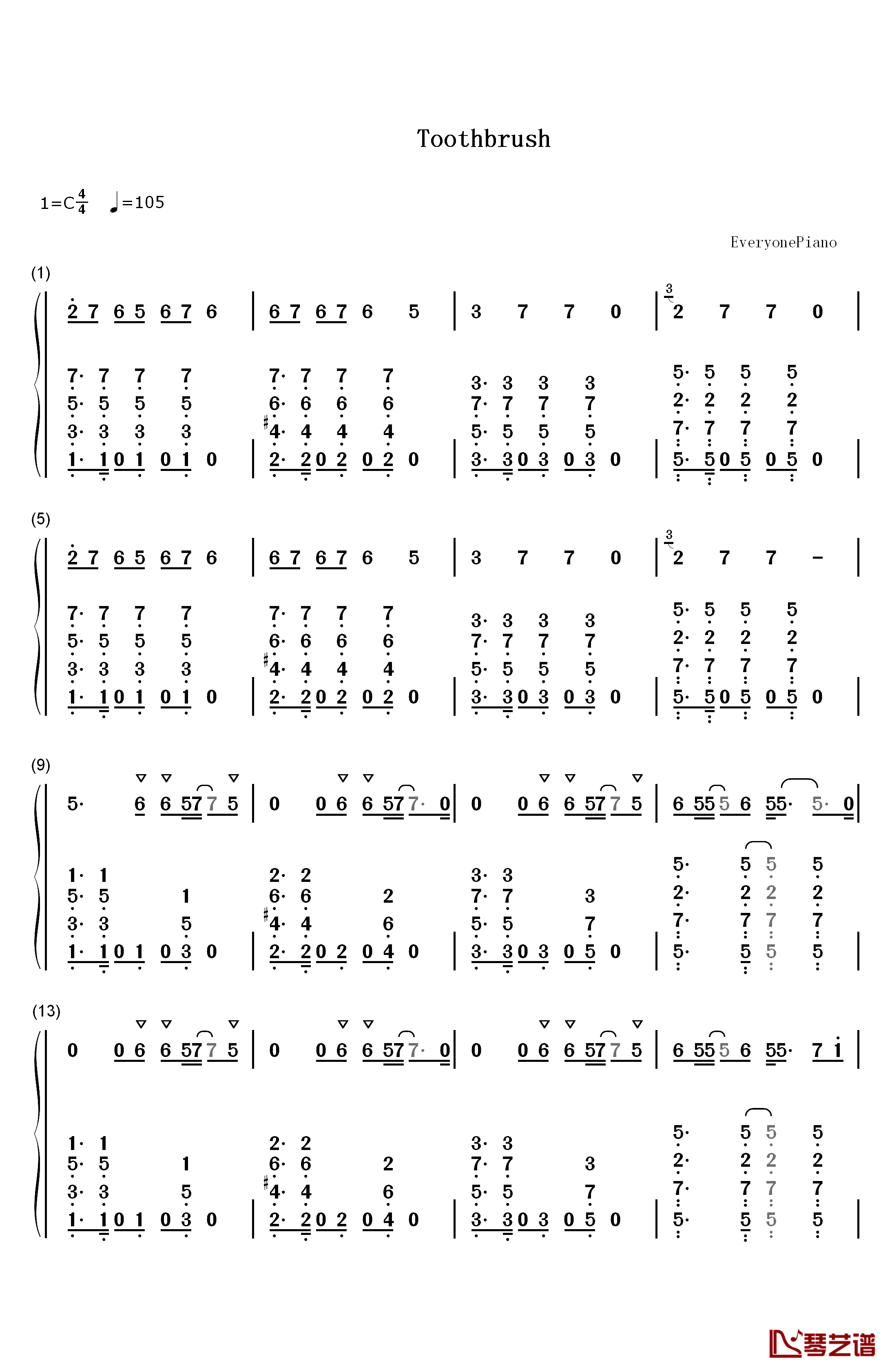 Toothbrush钢琴简谱-数字双手-DNCE1