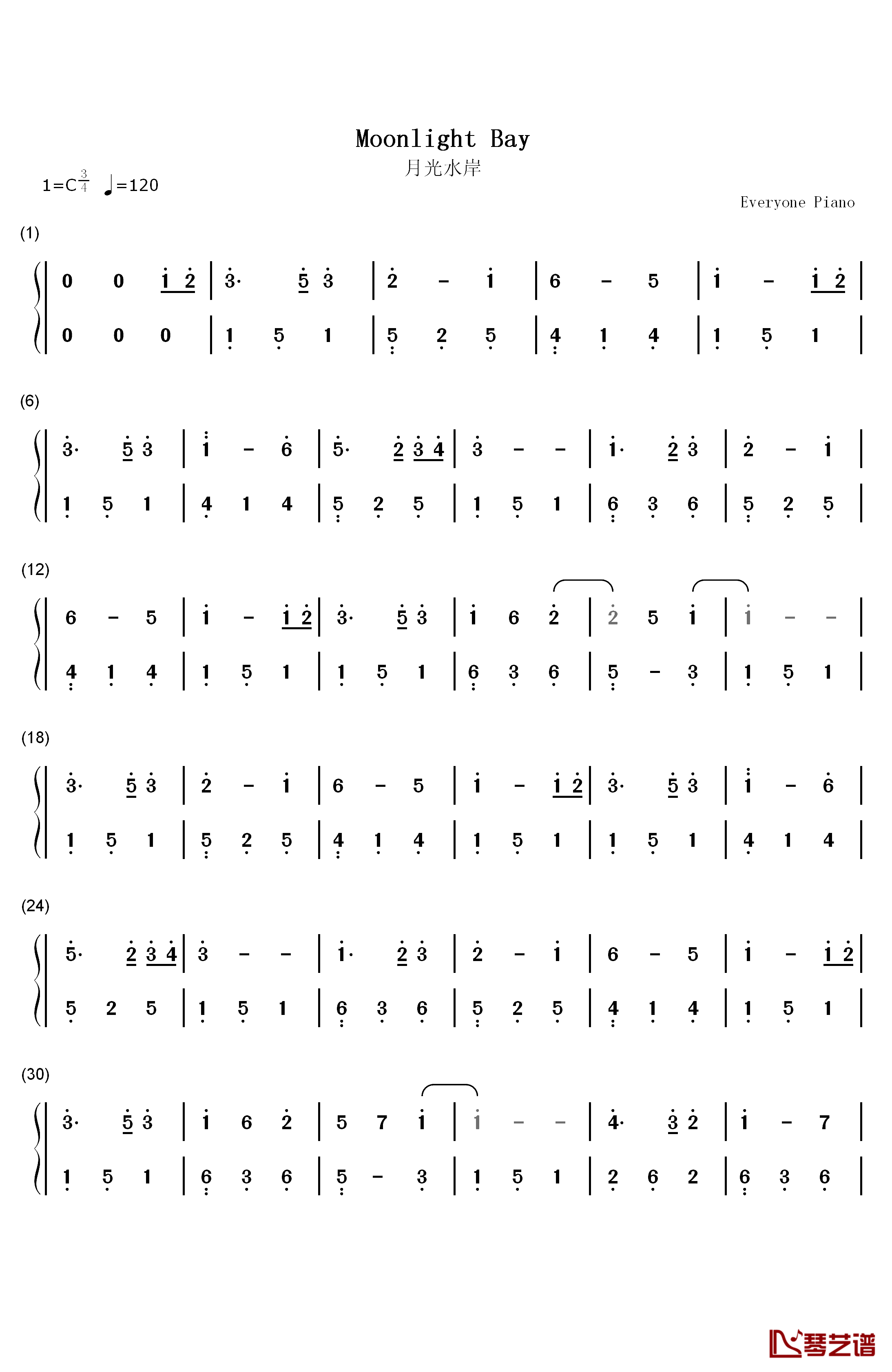 月光水岸钢琴简谱-数字双手-班得瑞1