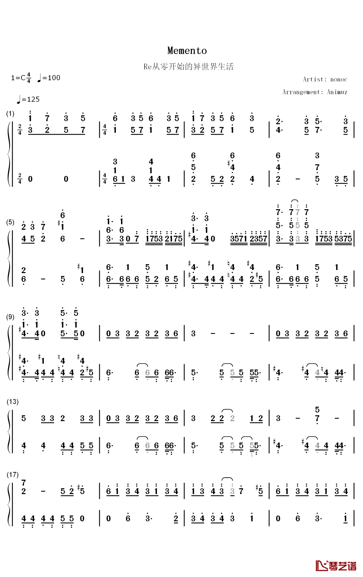 Memento钢琴简谱-数字双手-Nonoc1