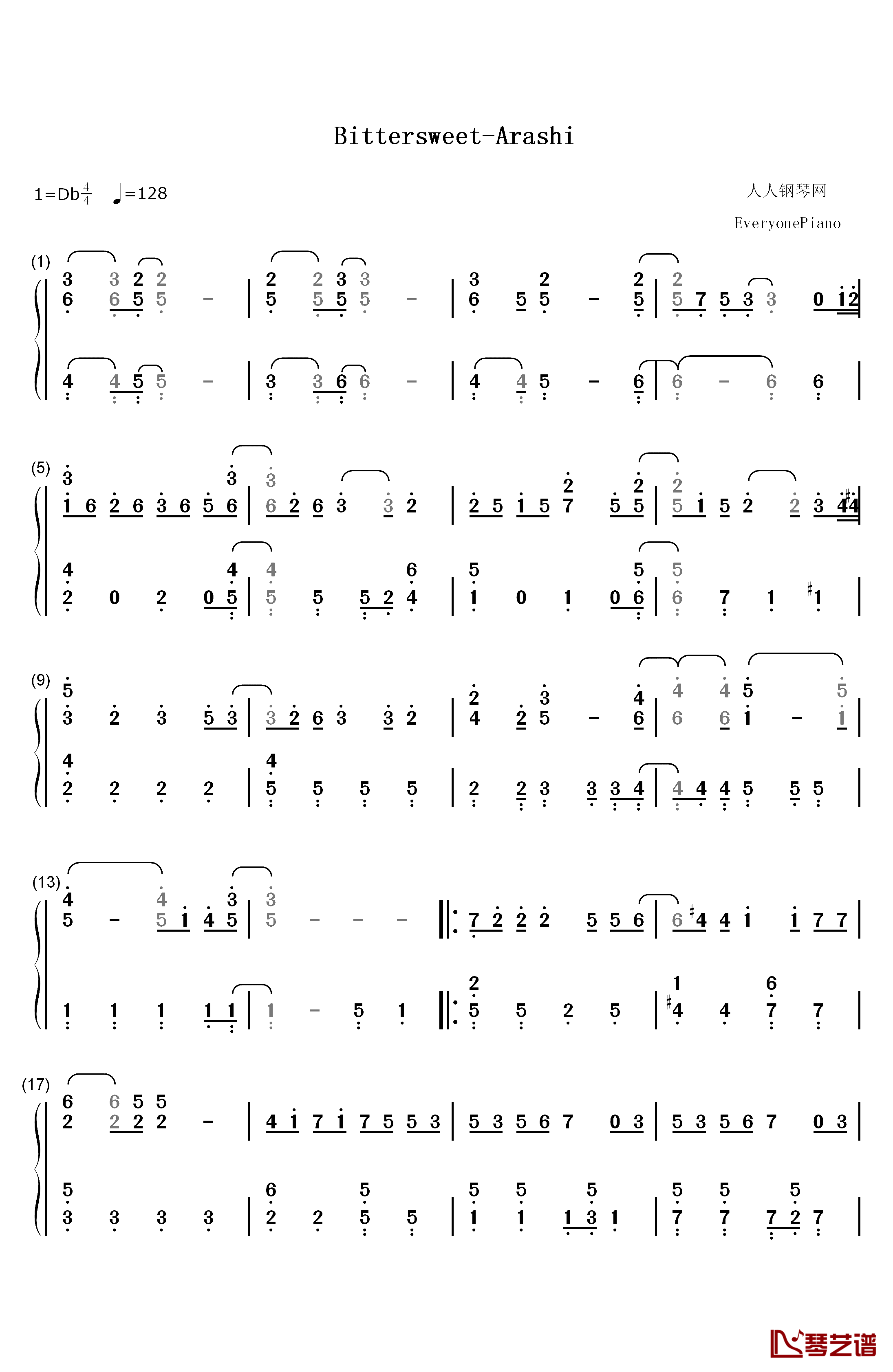 Bittersweet钢琴简谱-数字双手-嵐1