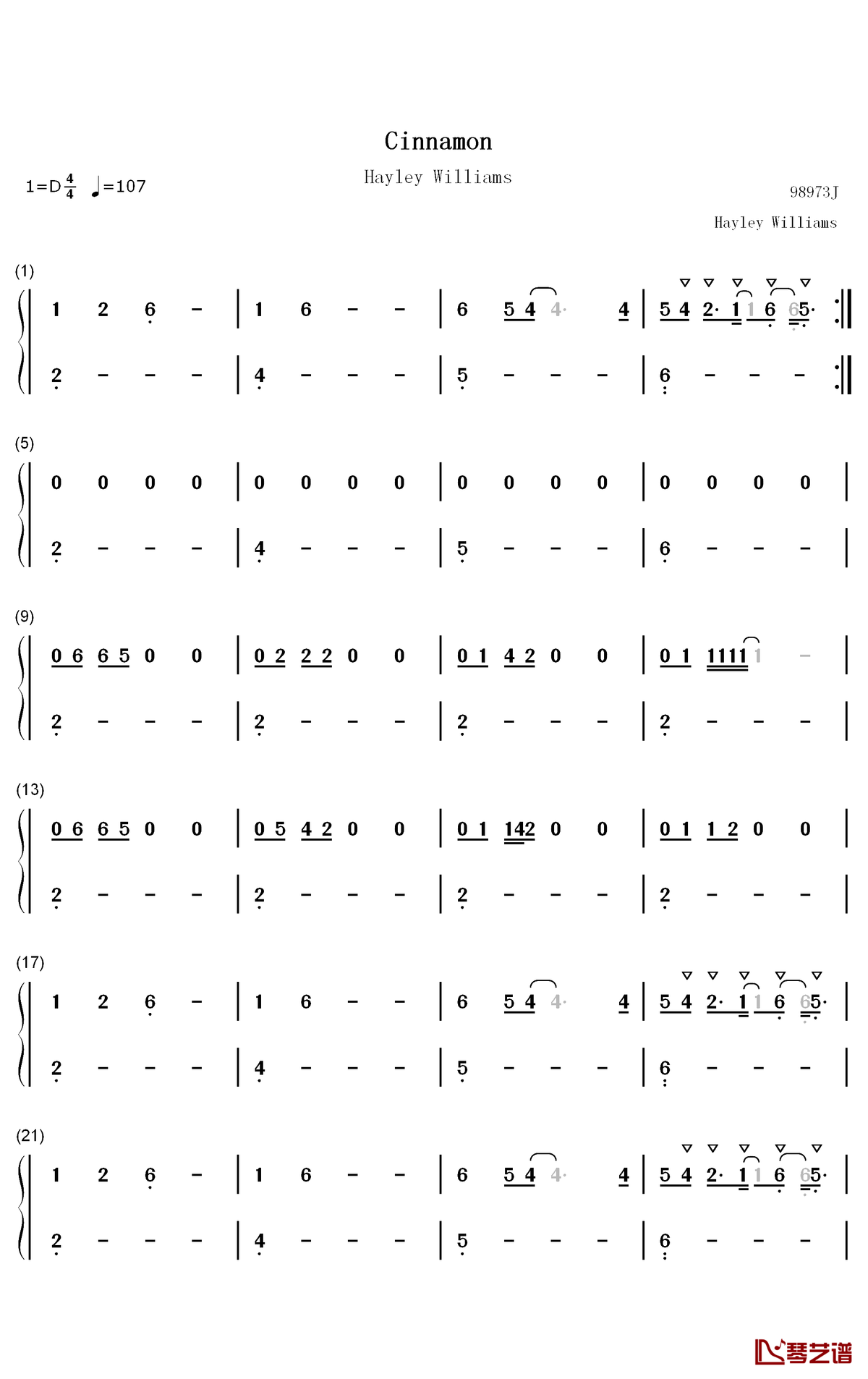 Cinnamon钢琴简谱-数字双手-Hayley Williams1