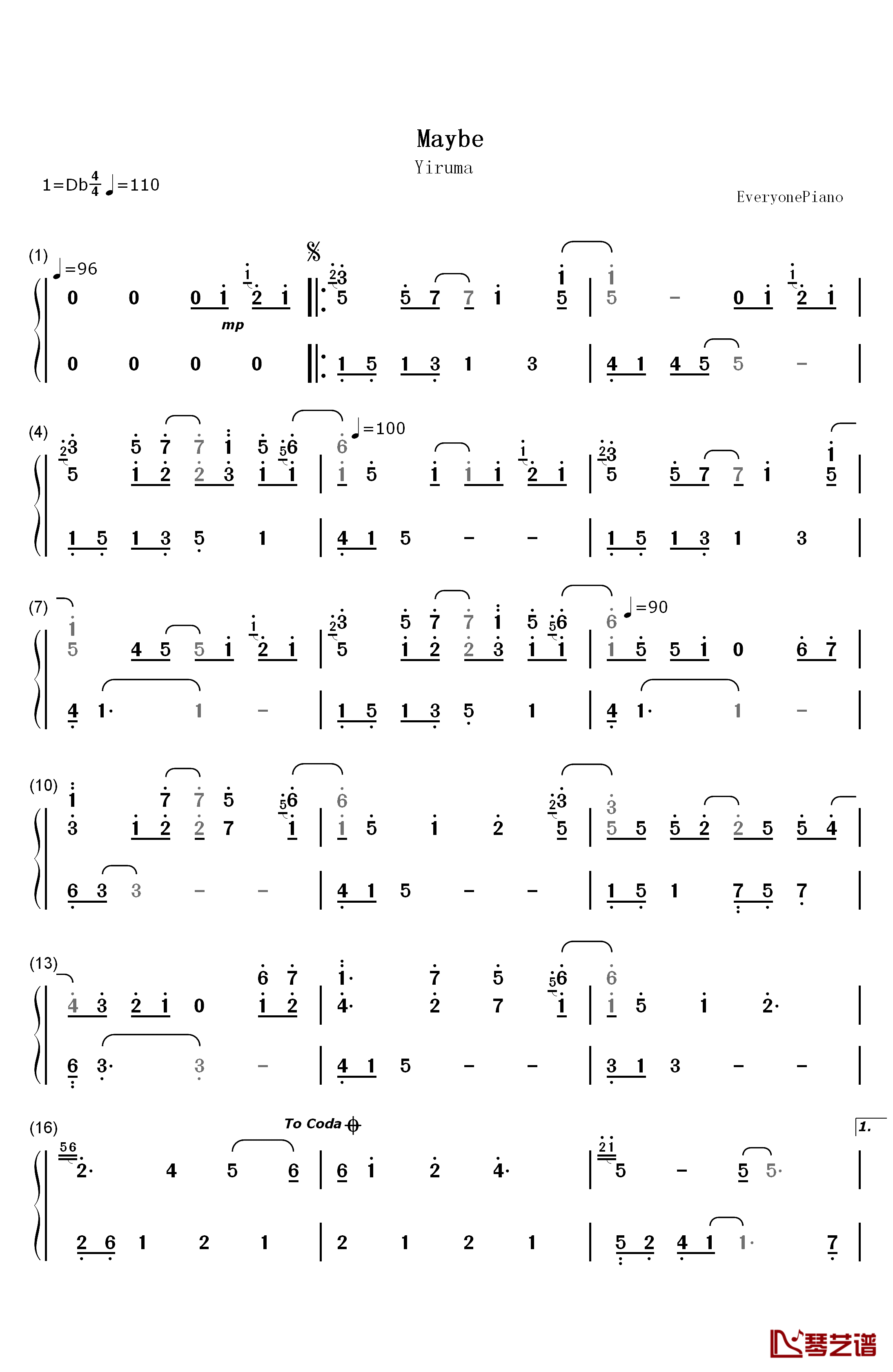 maybe钢琴简谱-数字双手-李闰珉1