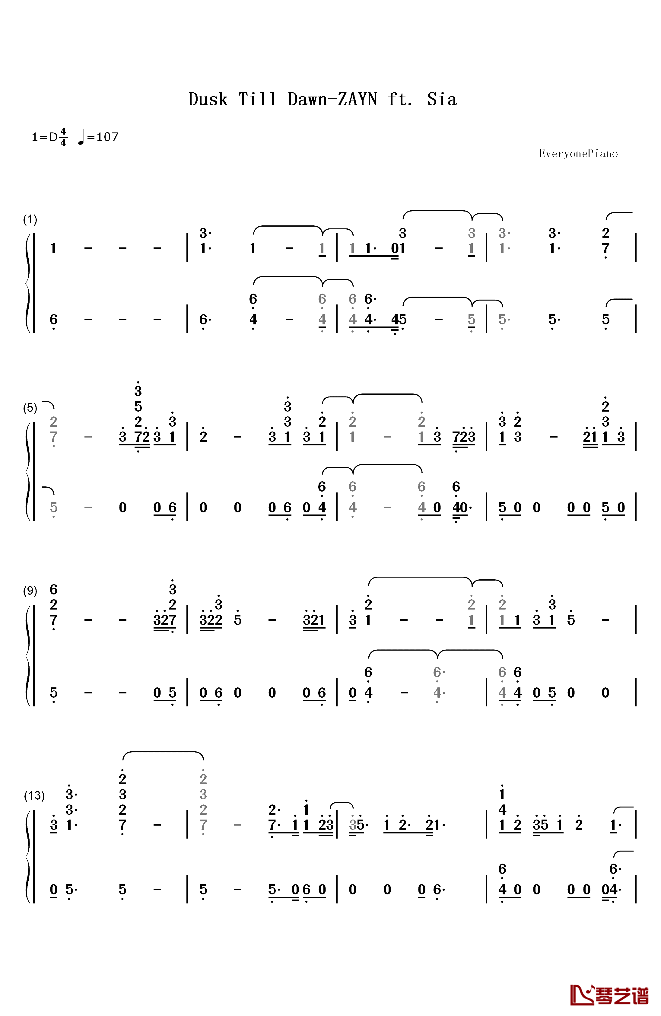 Dusk Till Dawn钢琴简谱-数字双手-ZAYN Sia1