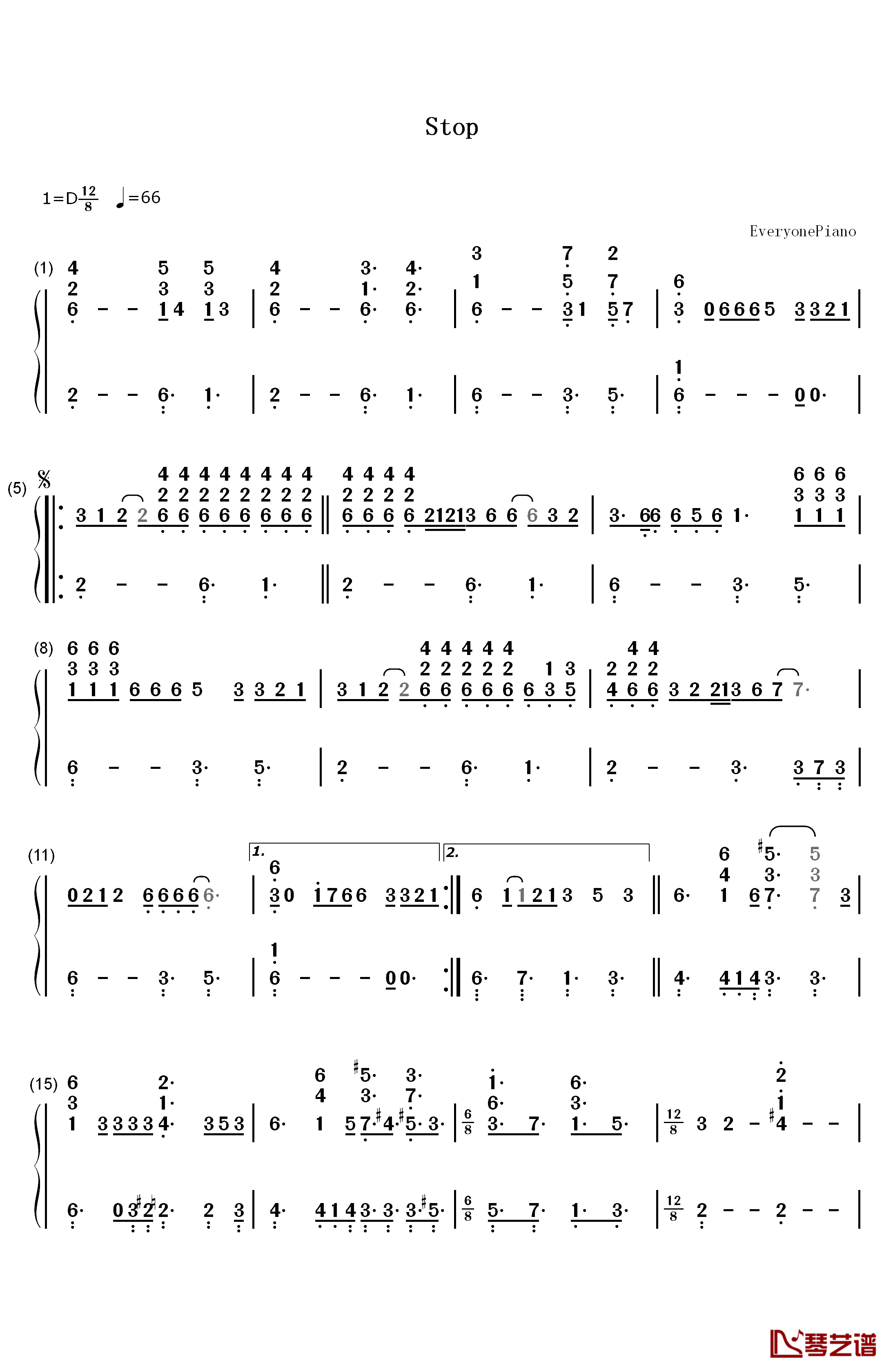 Stop钢琴简谱-数字双手-Sam Brown1