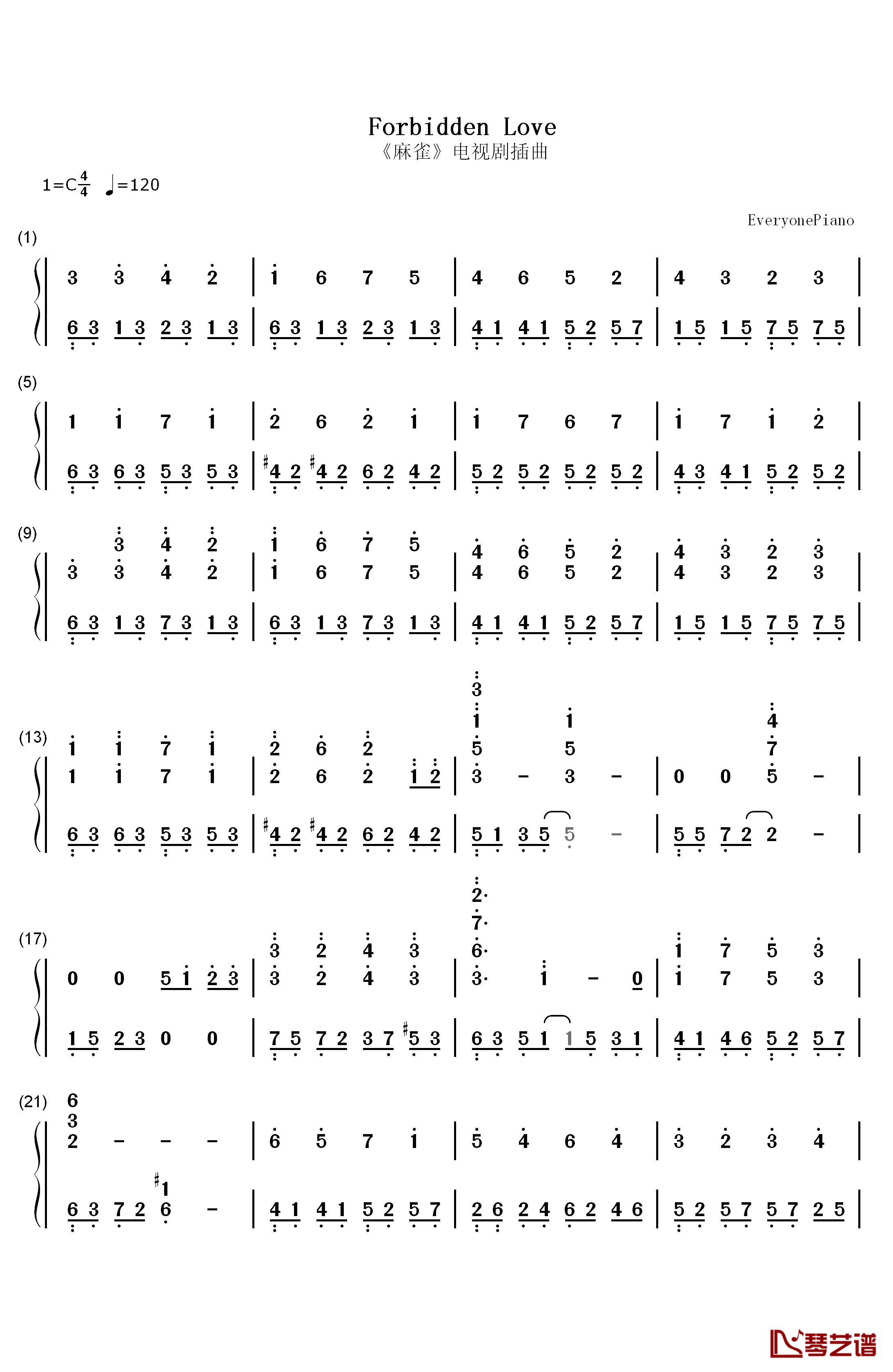 Forbidden love钢琴简谱-数字双手-神思者1