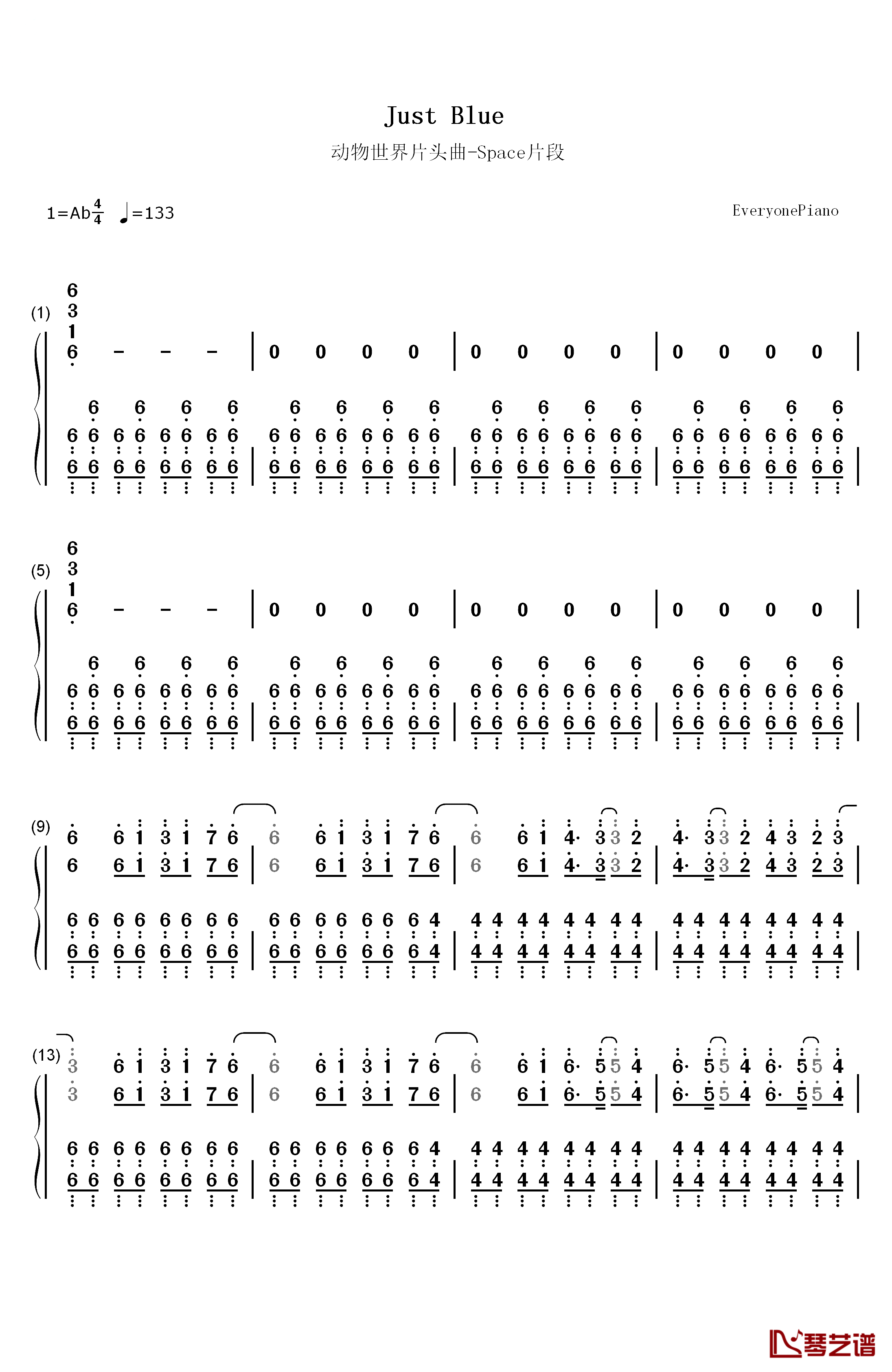 Just Blue钢琴简谱-数字双手-Space1