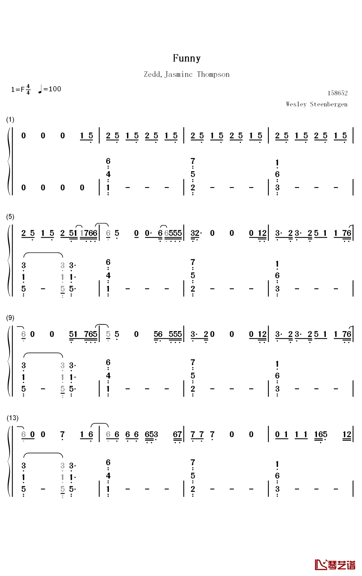 Funny钢琴简谱-数字双手-Zedd Jasmine Thompson1