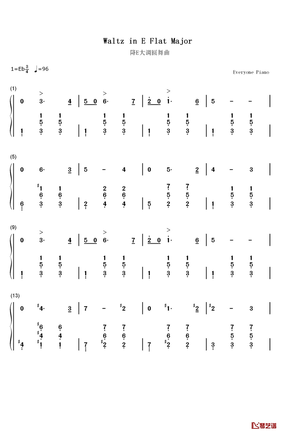 降E大调圆舞曲钢琴简谱-数字双手-柴可夫斯基1