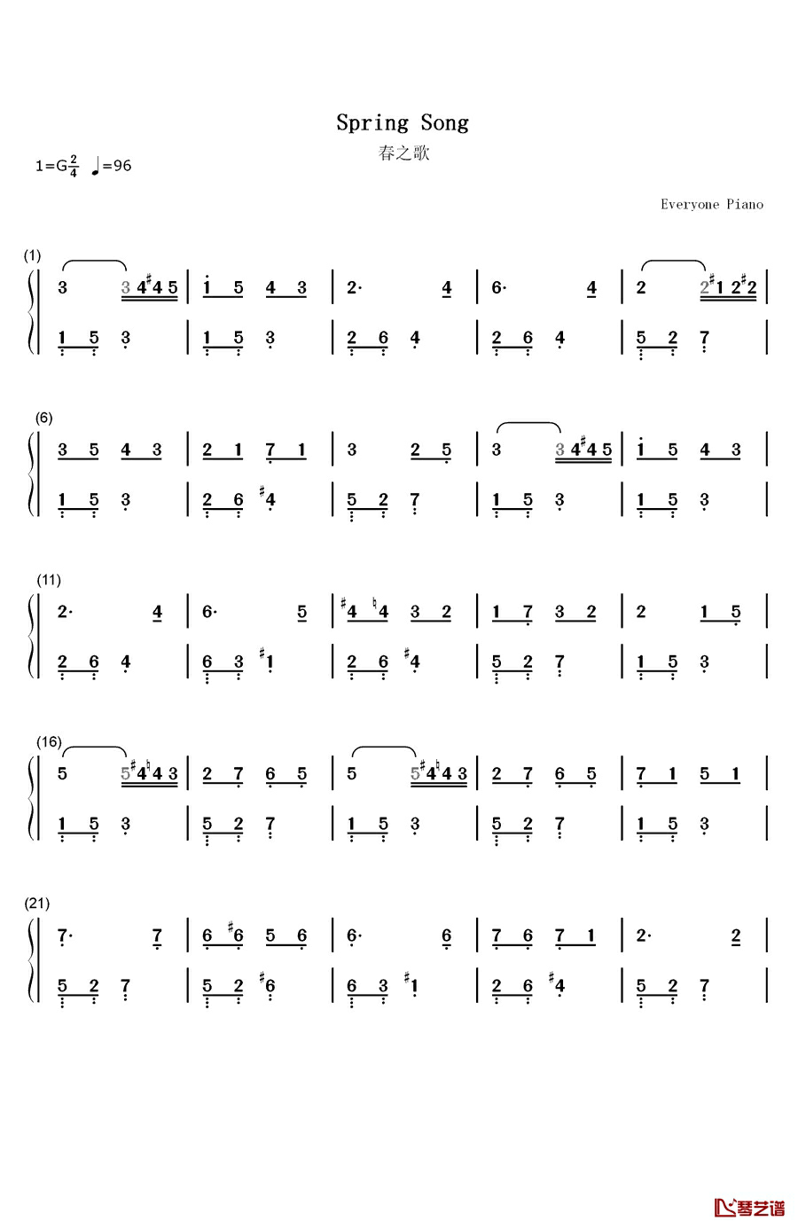 春之歌钢琴简谱-数字双手-门德尔松1