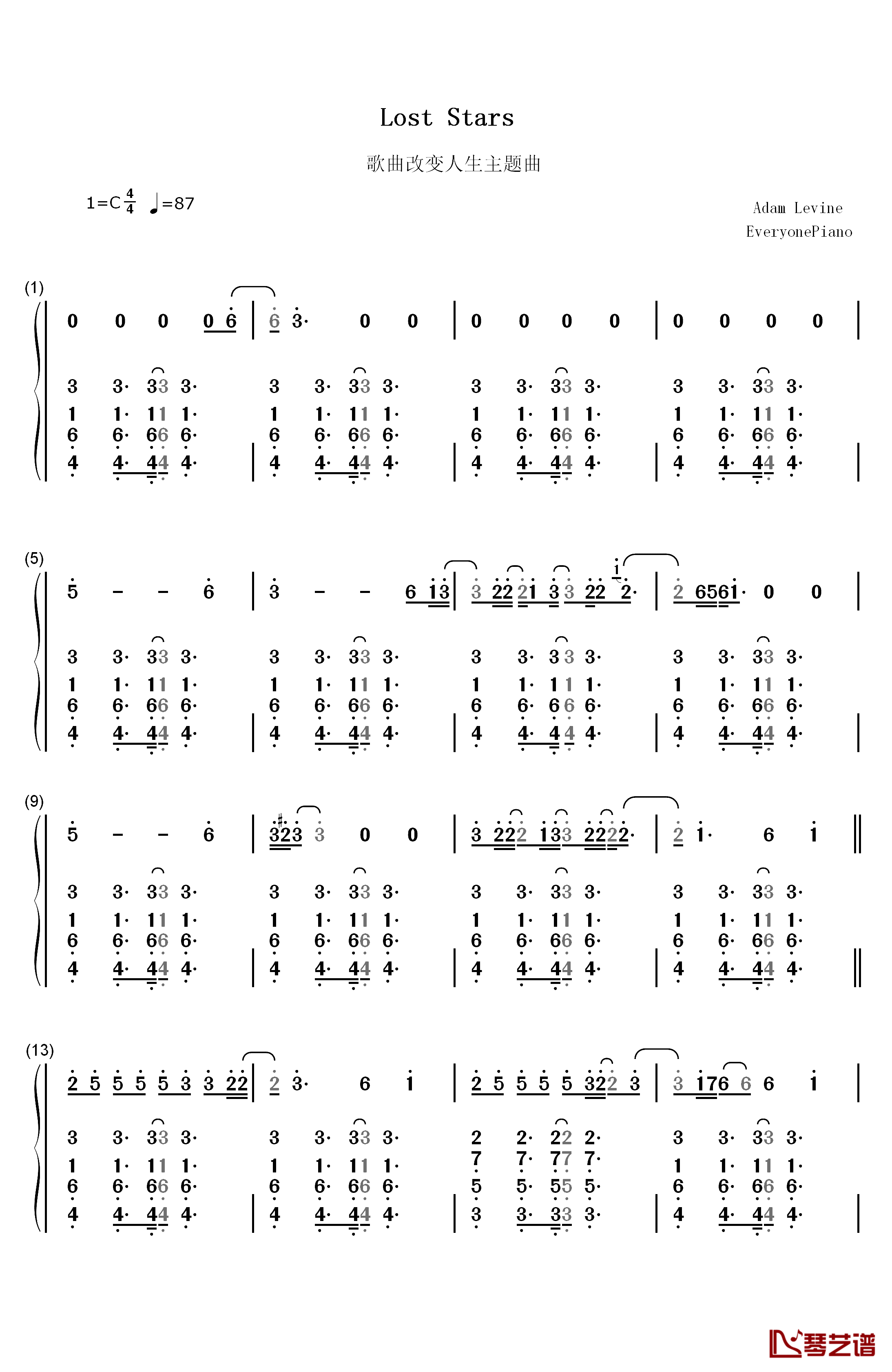 Lost Stars钢琴简谱-数字双手-Adam Levine1
