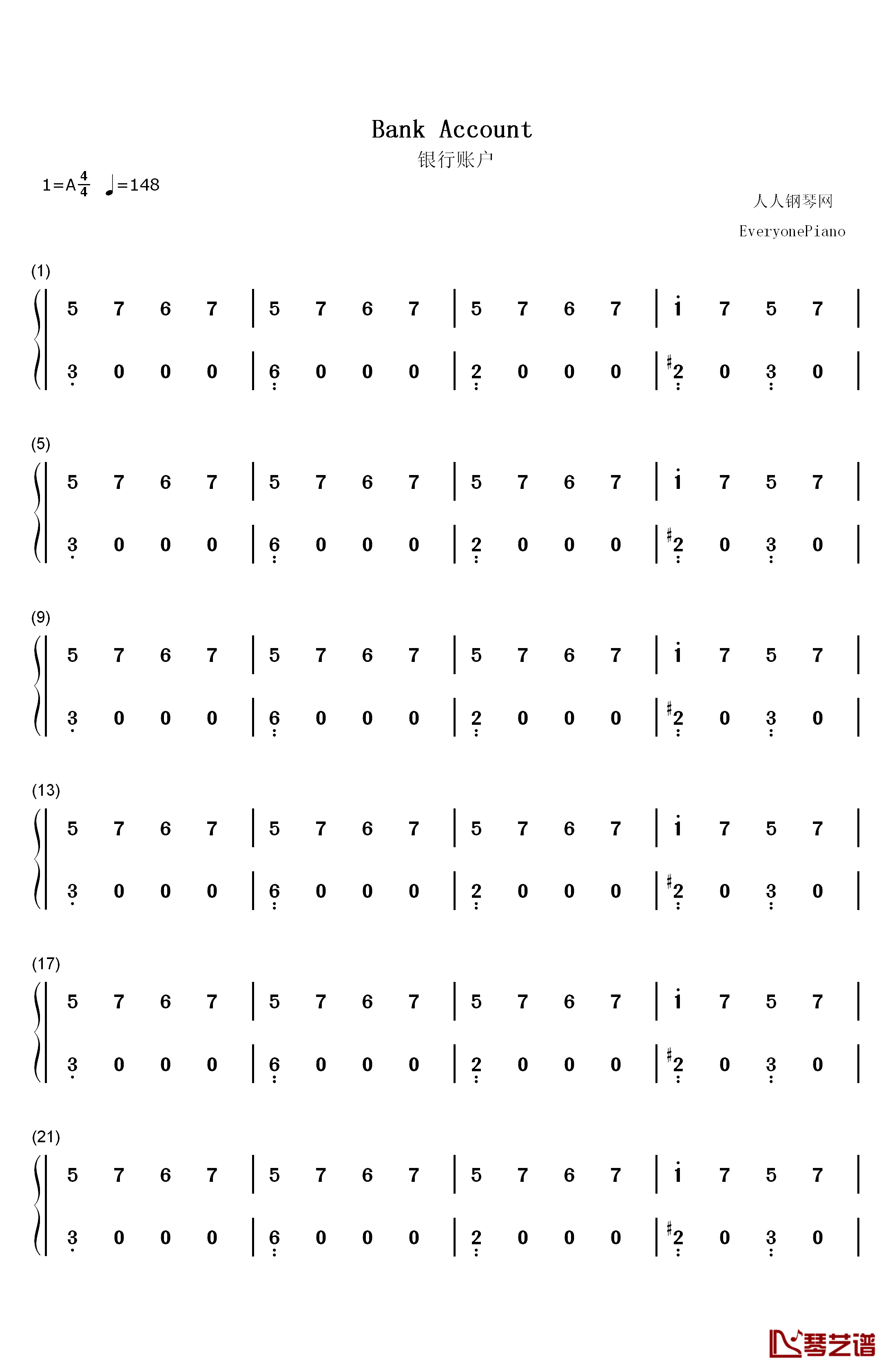 Bank Account钢琴简谱-数字双手-21 Savage1