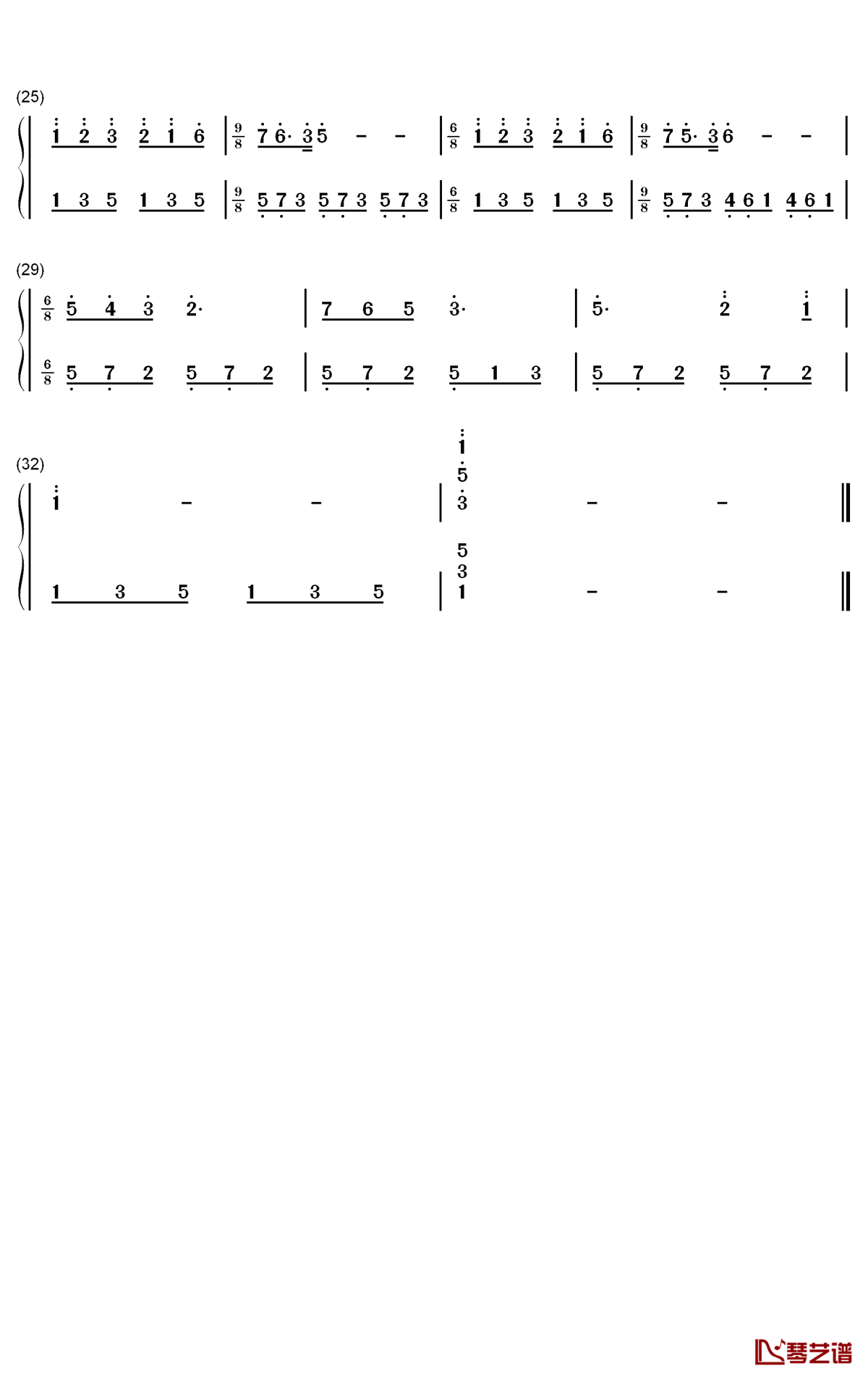 我和我的祖国钢琴简谱- 数字双手-李谷一2