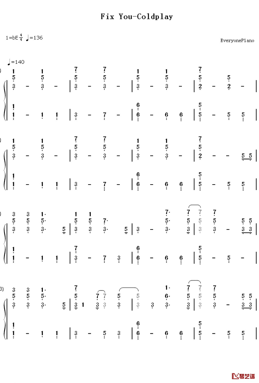 Fix You钢琴简谱-数字双手-Coldplay1