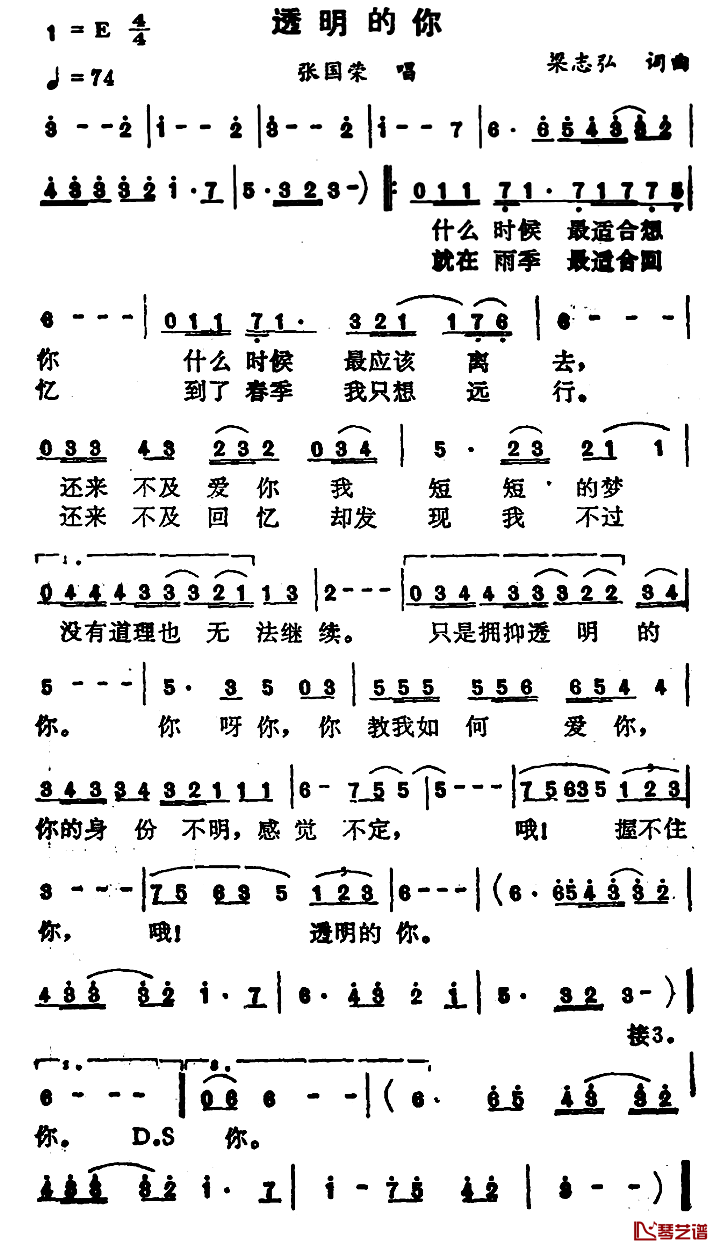 透明的你简谱-张国荣演唱1