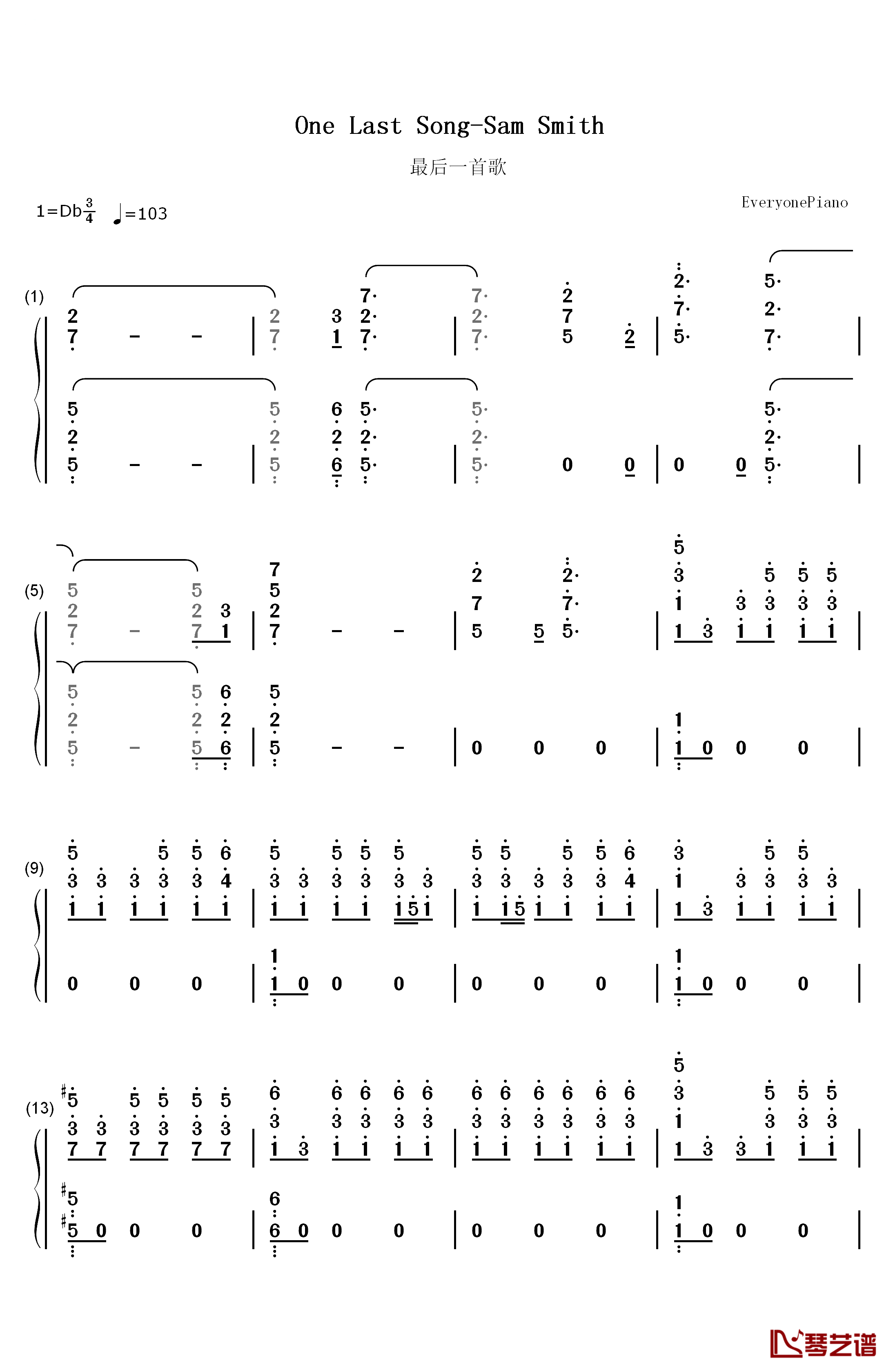 One Last Song钢琴简谱-数字双手-Sam Smith1