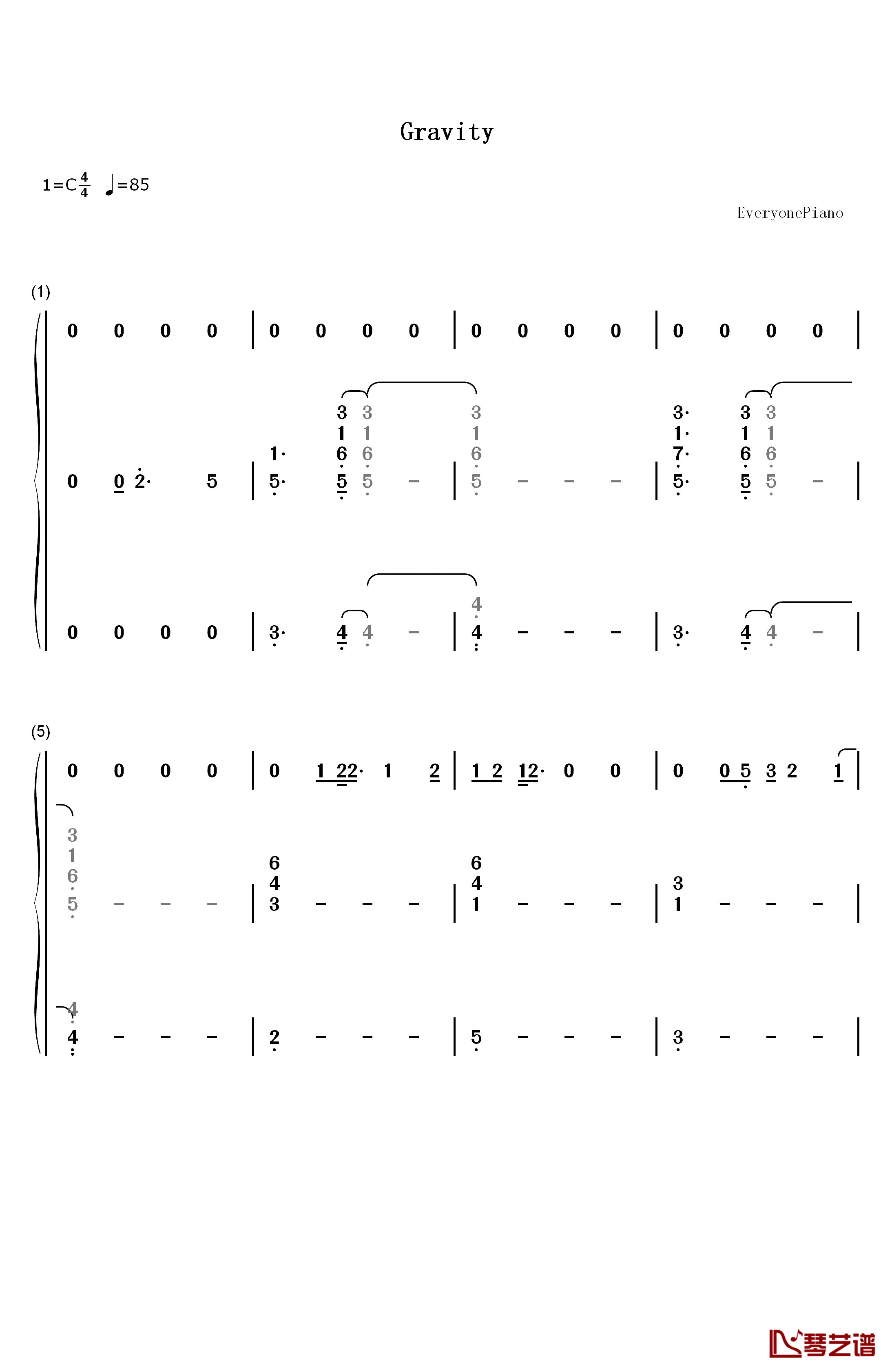 Gravity钢琴简谱-数字双手-Sara Bareilles　1