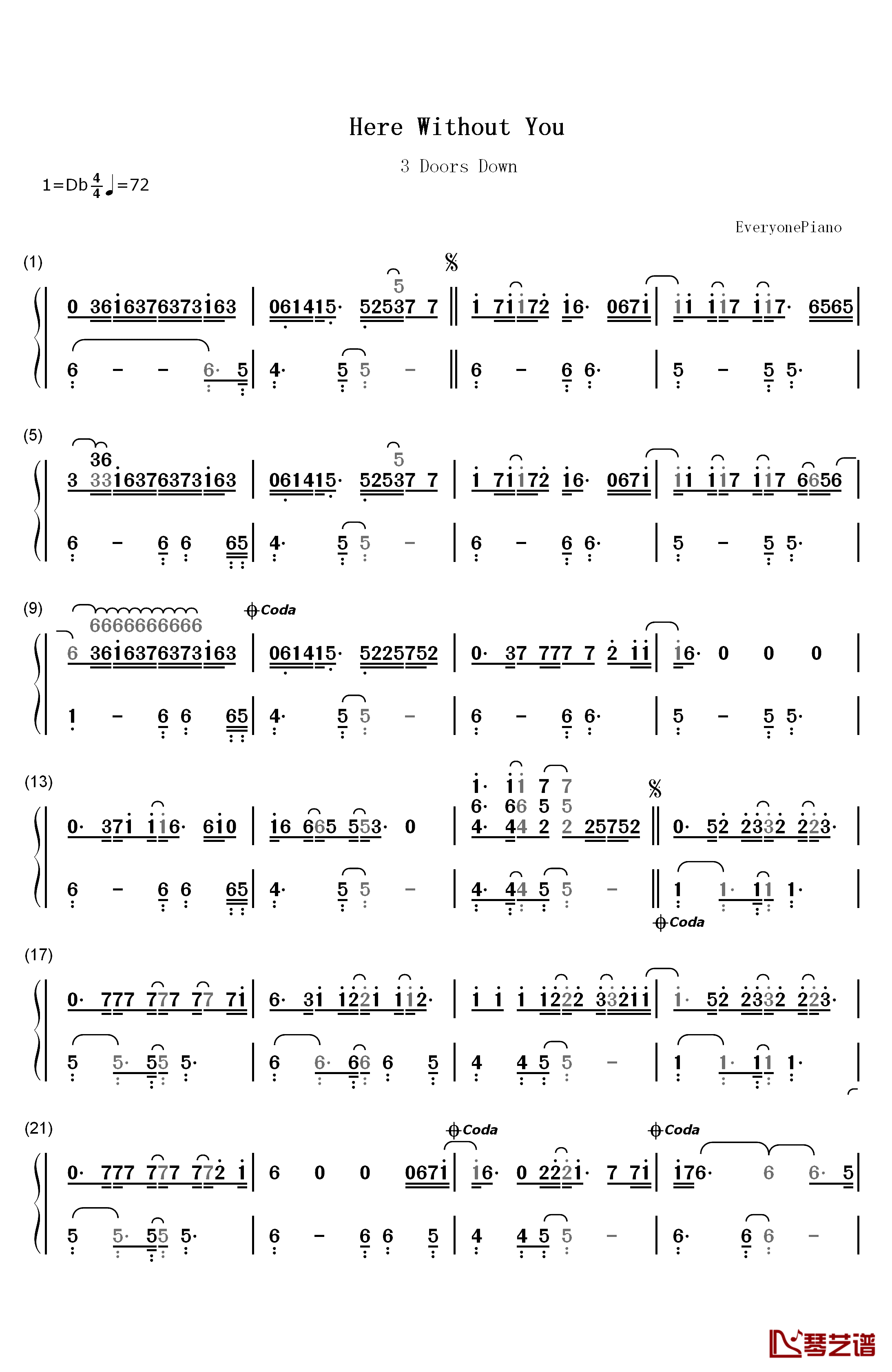 Here Without You钢琴简谱-数字双手-3 Doors Down1