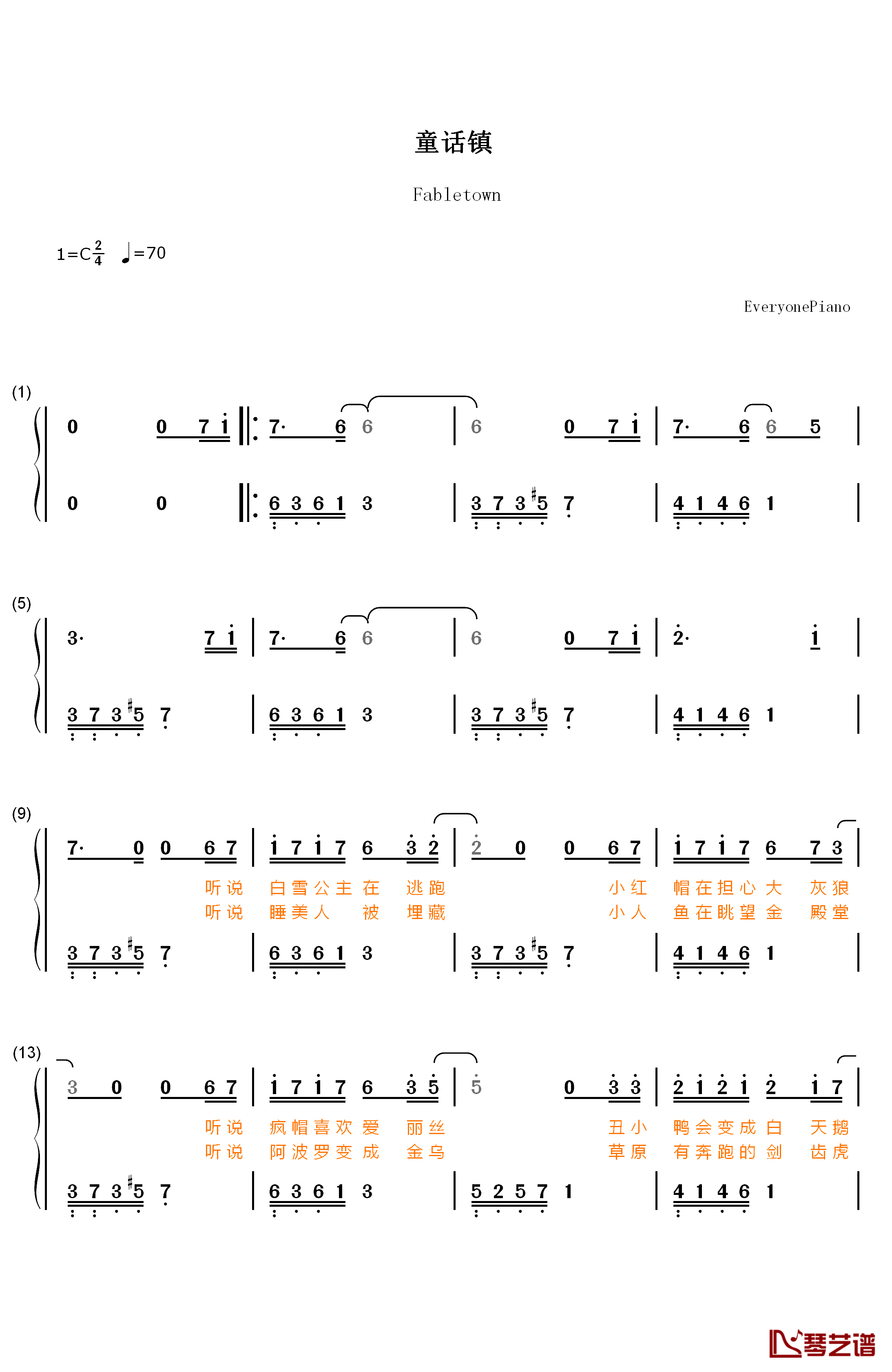 童话镇钢琴简谱-数字双手-陈一发儿1