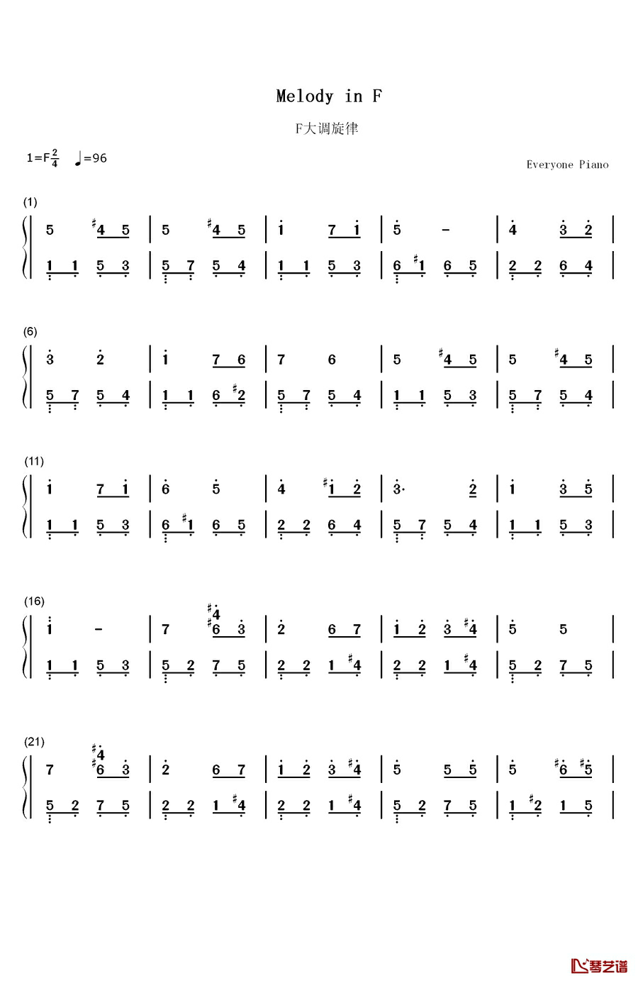 F大调旋律钢琴简谱-数字双手-安东•鲁宾斯坦1