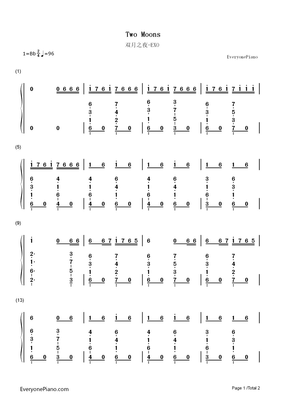 双月之夜钢琴简谱-数字双手-EXO1