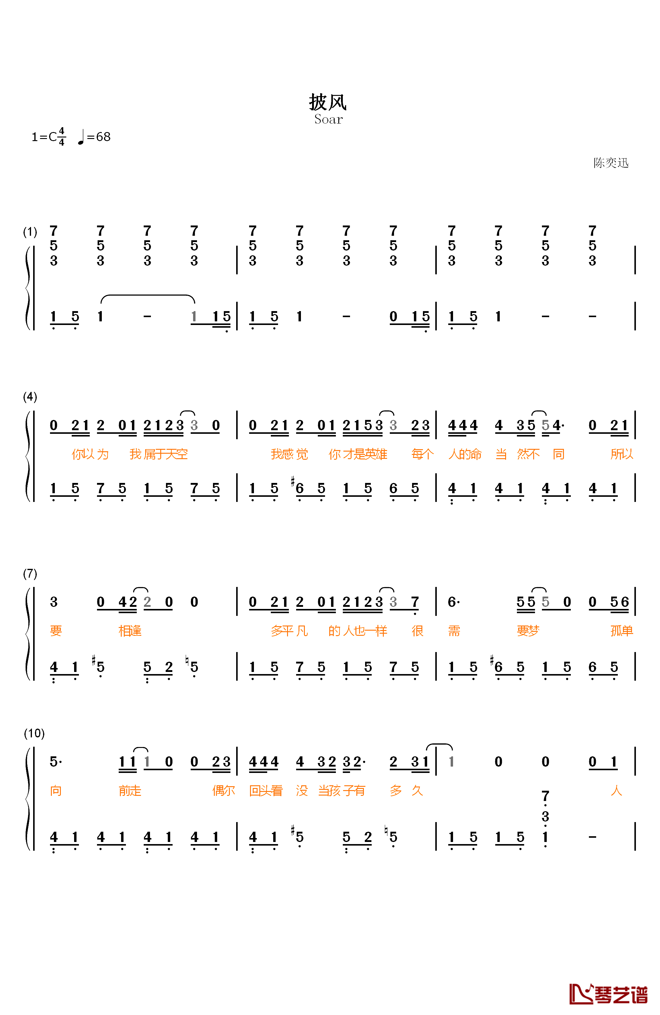 披风钢琴简谱-数字双手-陈奕迅1