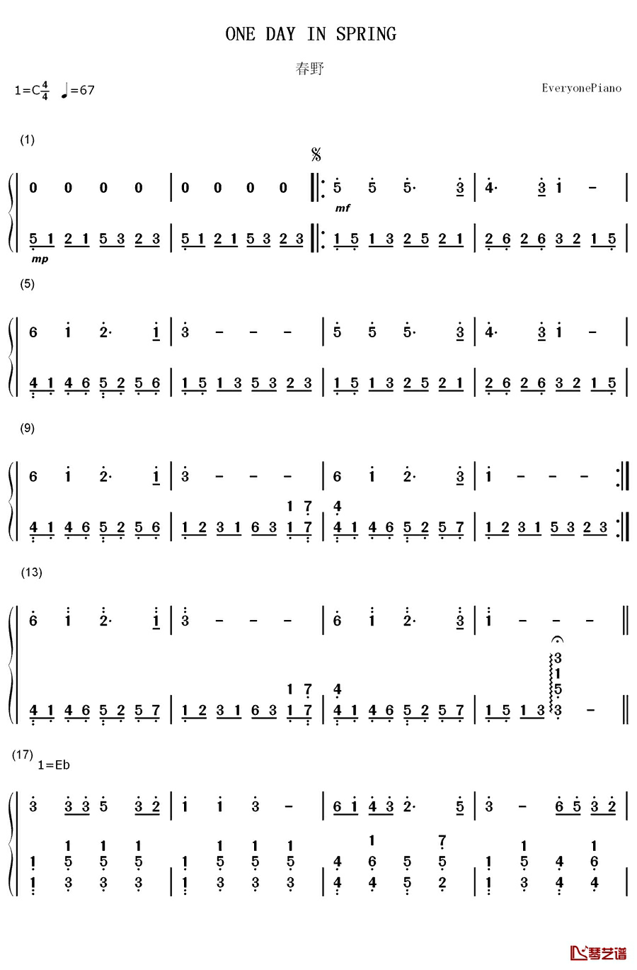 春野钢琴简谱-数字双手-班得瑞  Bandari1