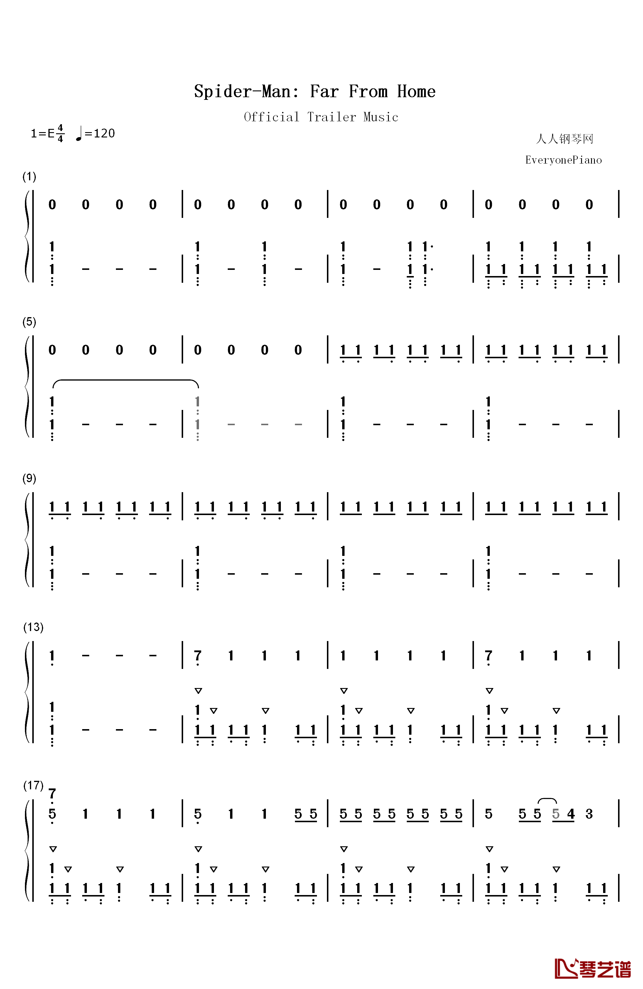 蜘蛛侠英雄远征官方预告片音乐钢琴简谱-数字双手-Michael Giacchino1