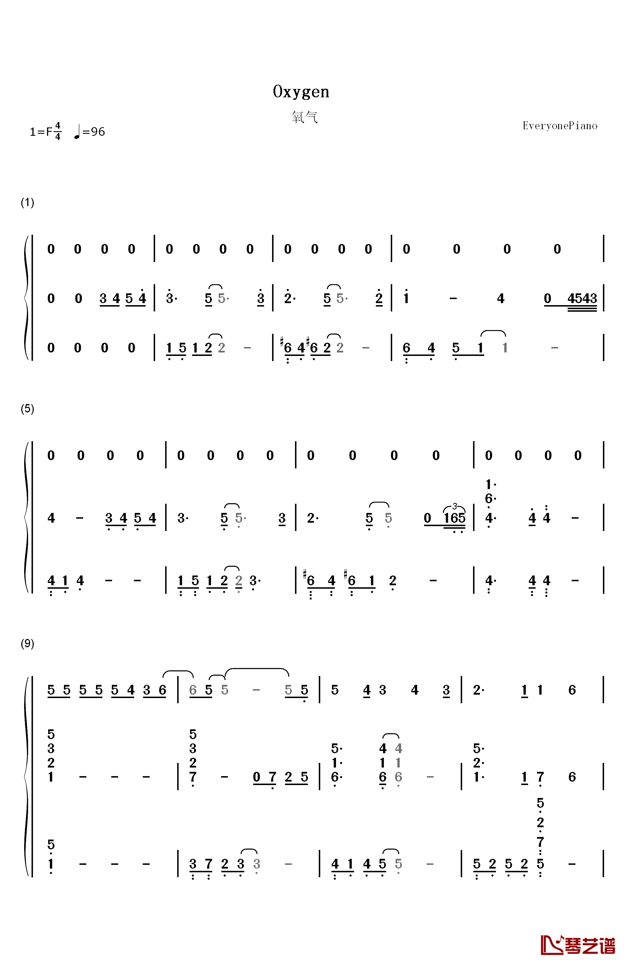 氧气钢琴简谱-数字双手-范晓萱1